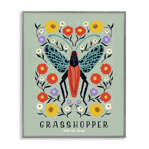 Stupell Industries Eclectic Symmetrical Grasshopper with Blooms Gray Framed Giclee Art, 24 x 30, by Indira Prieto | IndySign