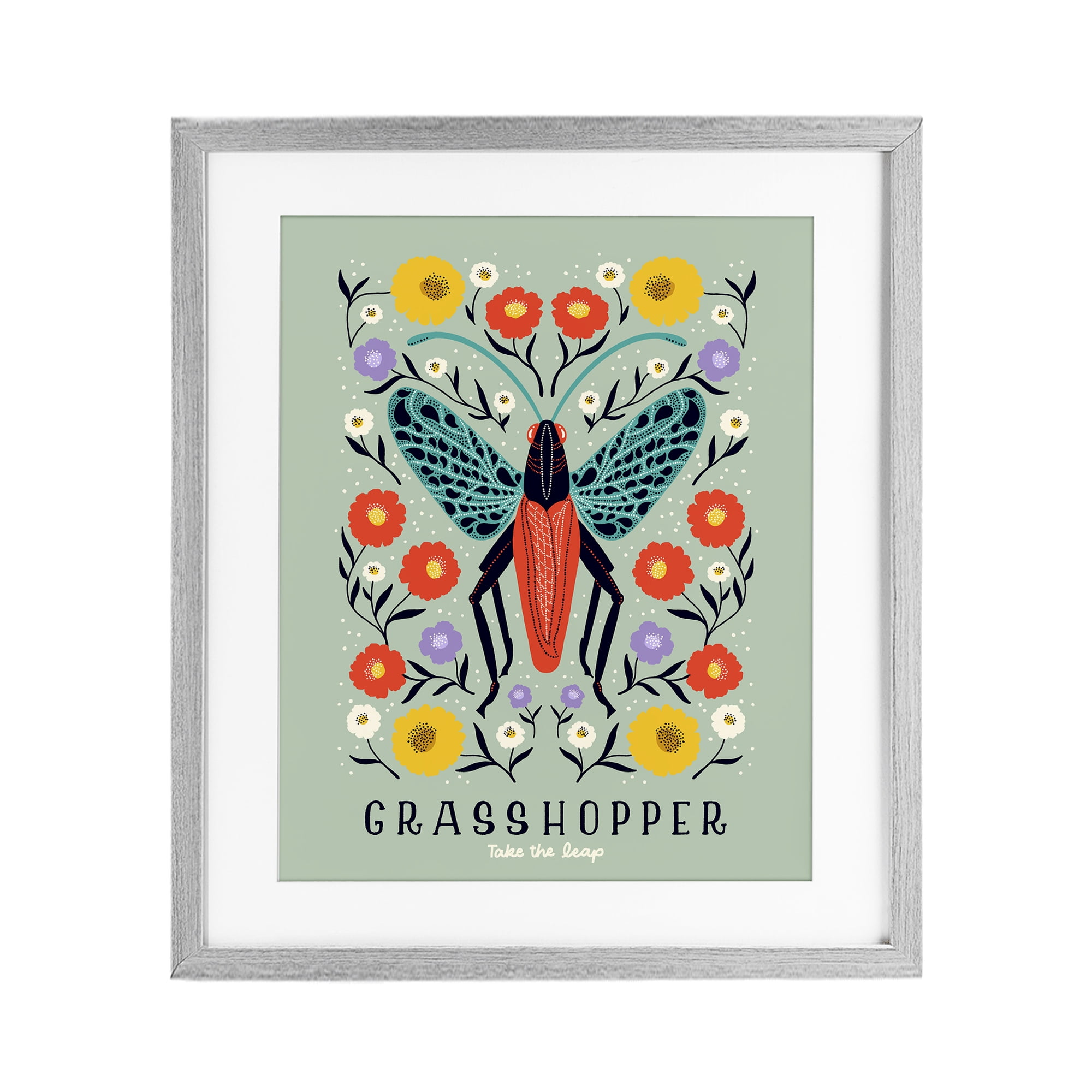 Stupell Industries Symmetrical Grasshopper with Blooms Gray Framed Print Under Glass, design by Indira Prieto | IndySign