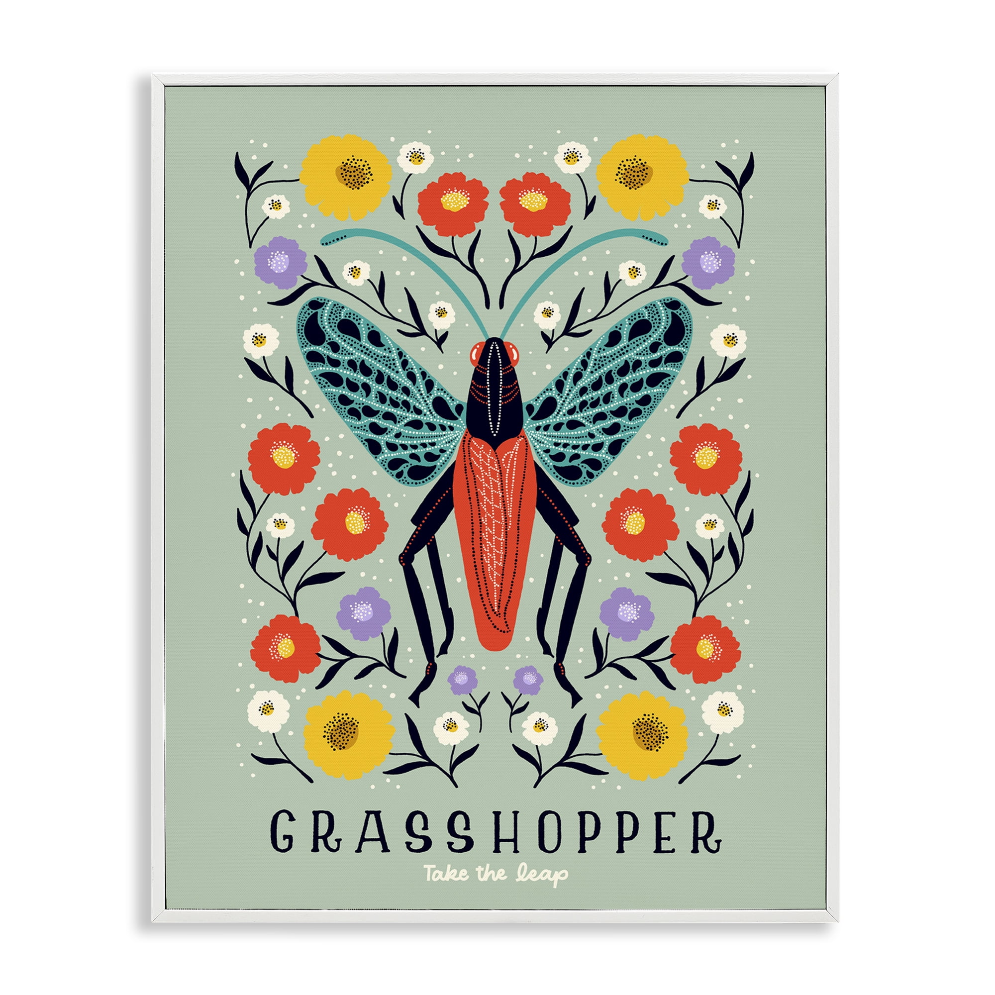 Stupell Industries Symmetrical Grasshopper with Blooms White Framed Giclee Art, design by Indira Prieto | IndySign