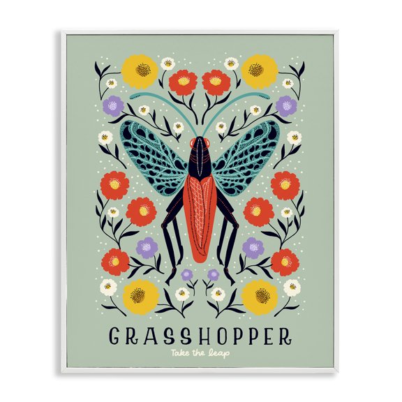 Stupell Industries Eclectic Symmetrical Grasshopper with Blooms White Framed Giclee Art, 16 x 20, by Indira Prieto | IndySign