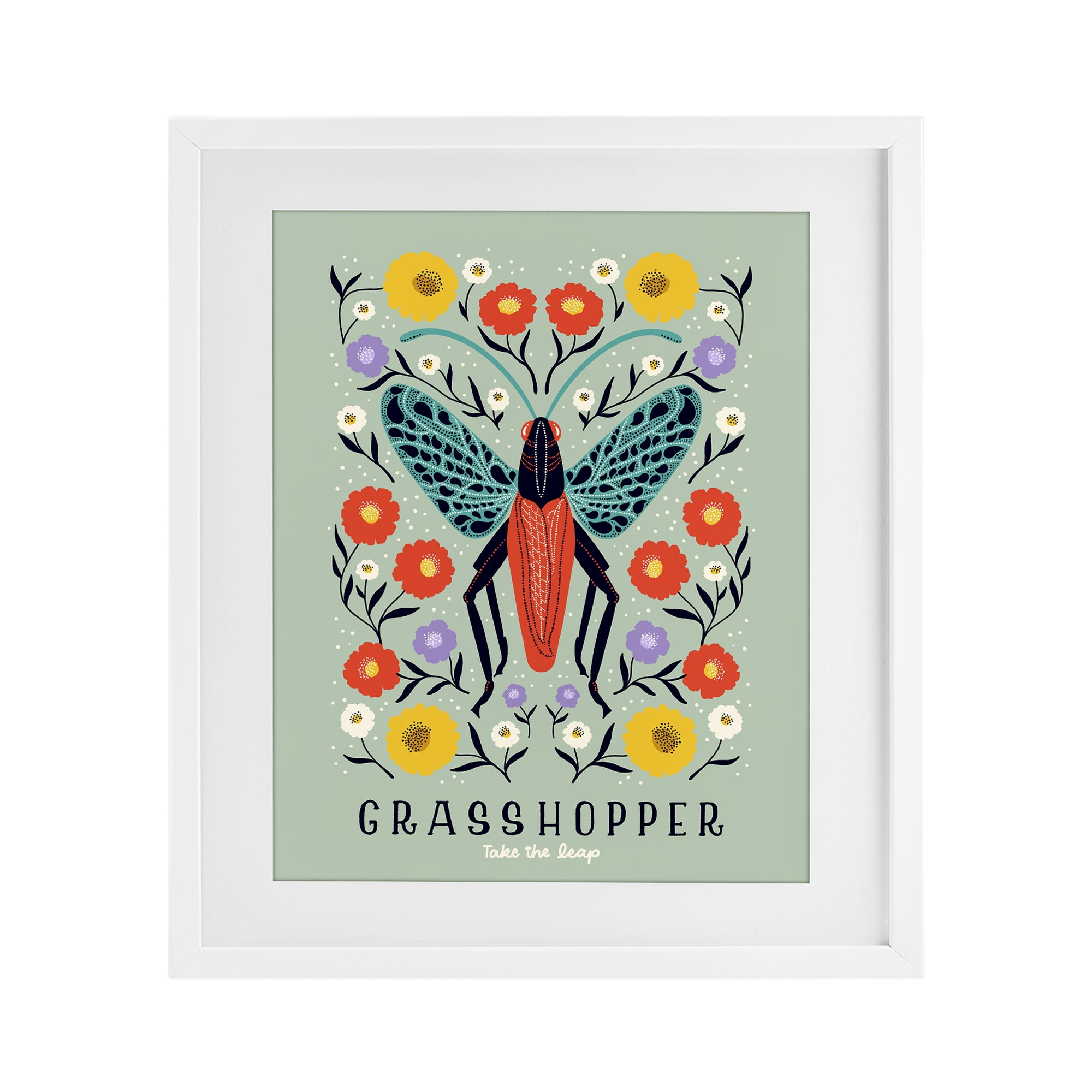 Stupell Industries Symmetrical Grasshopper with Blooms White Framed Print Under Glass, design by Indira Prieto | IndySign