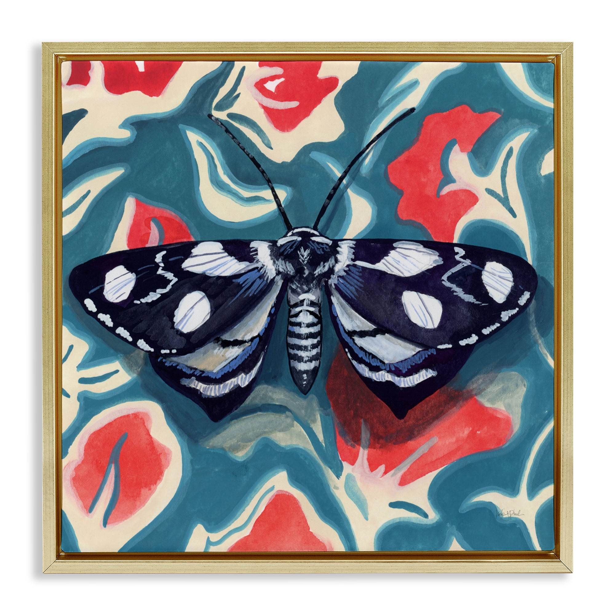 Stupell Industries Symmetrical Moth On Beautiful Flowers Gold Framed Floater Canvas Wall Art, design by Kate Jarvik Birch