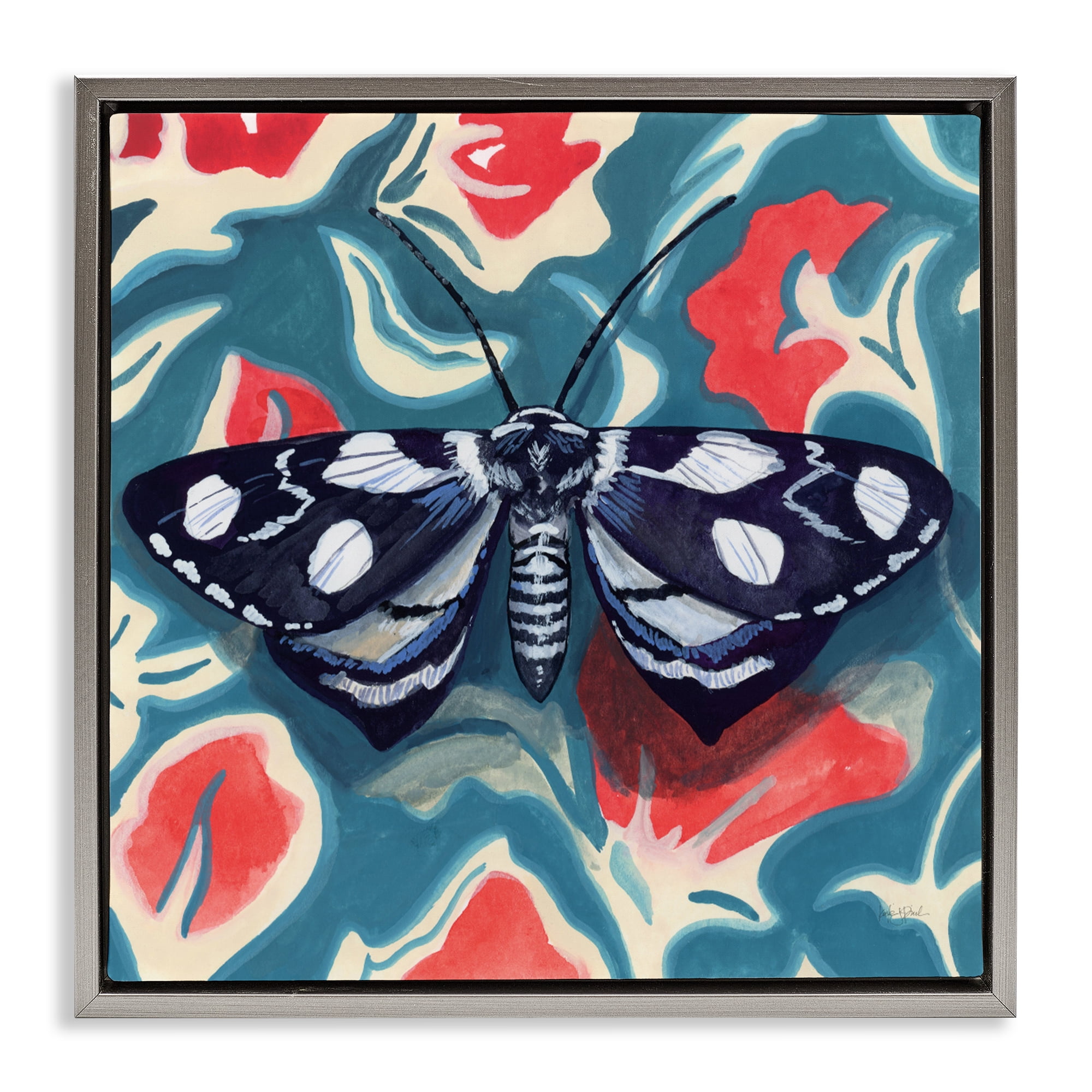 Stupell Industries Symmetrical Moth On Beautiful Flowers Gray Framed Floater Canvas Wall Art, design by Kate Jarvik Birch