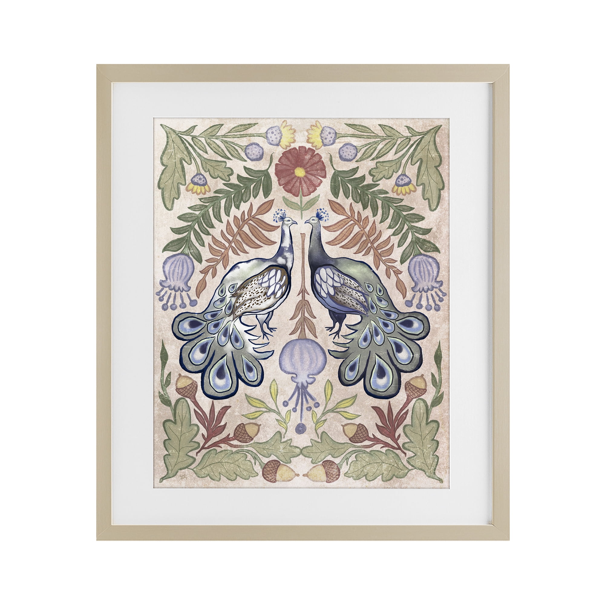 Stupell Industries Symmetrical Peacock & Flower Pattern Birch Framed Print Under Glass, design by Elizabeth Medley