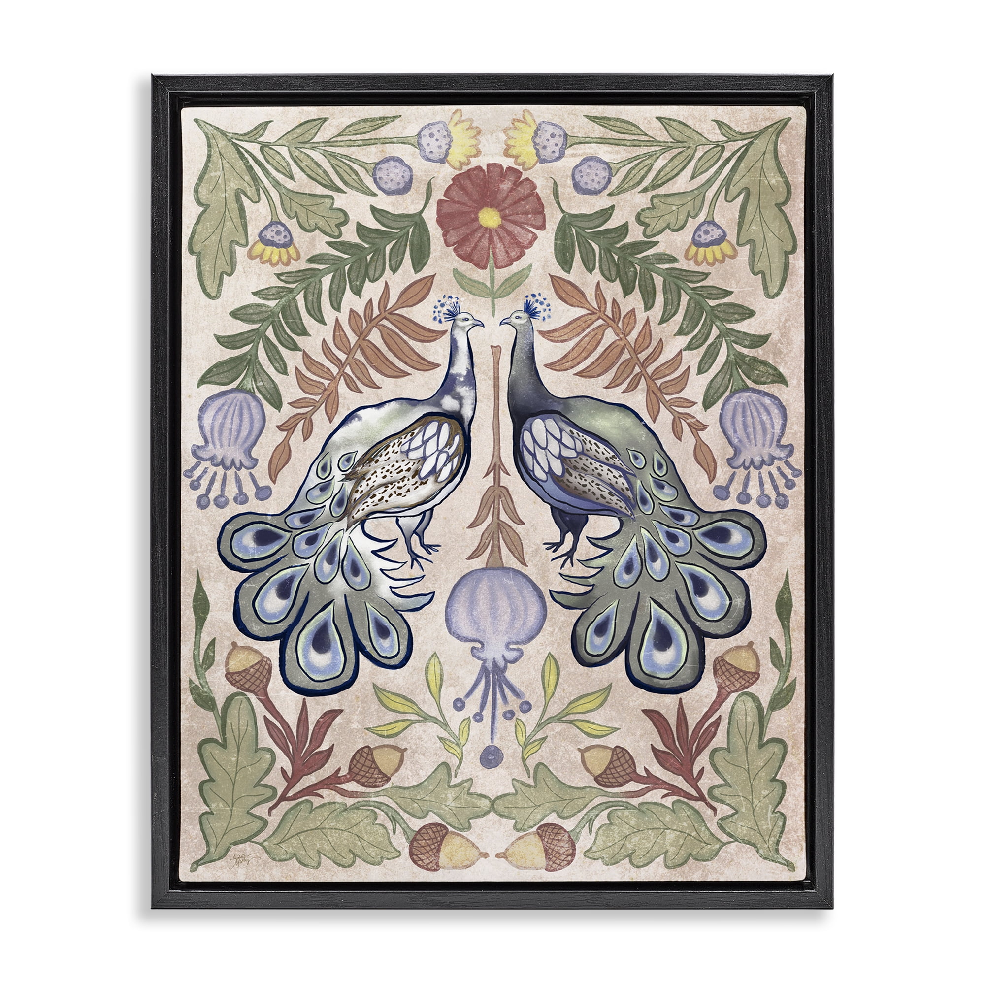 Stupell Industries Symmetrical Peacock & Flower Pattern Black Framed Floater Canvas Wall Art, design by Elizabeth Medley