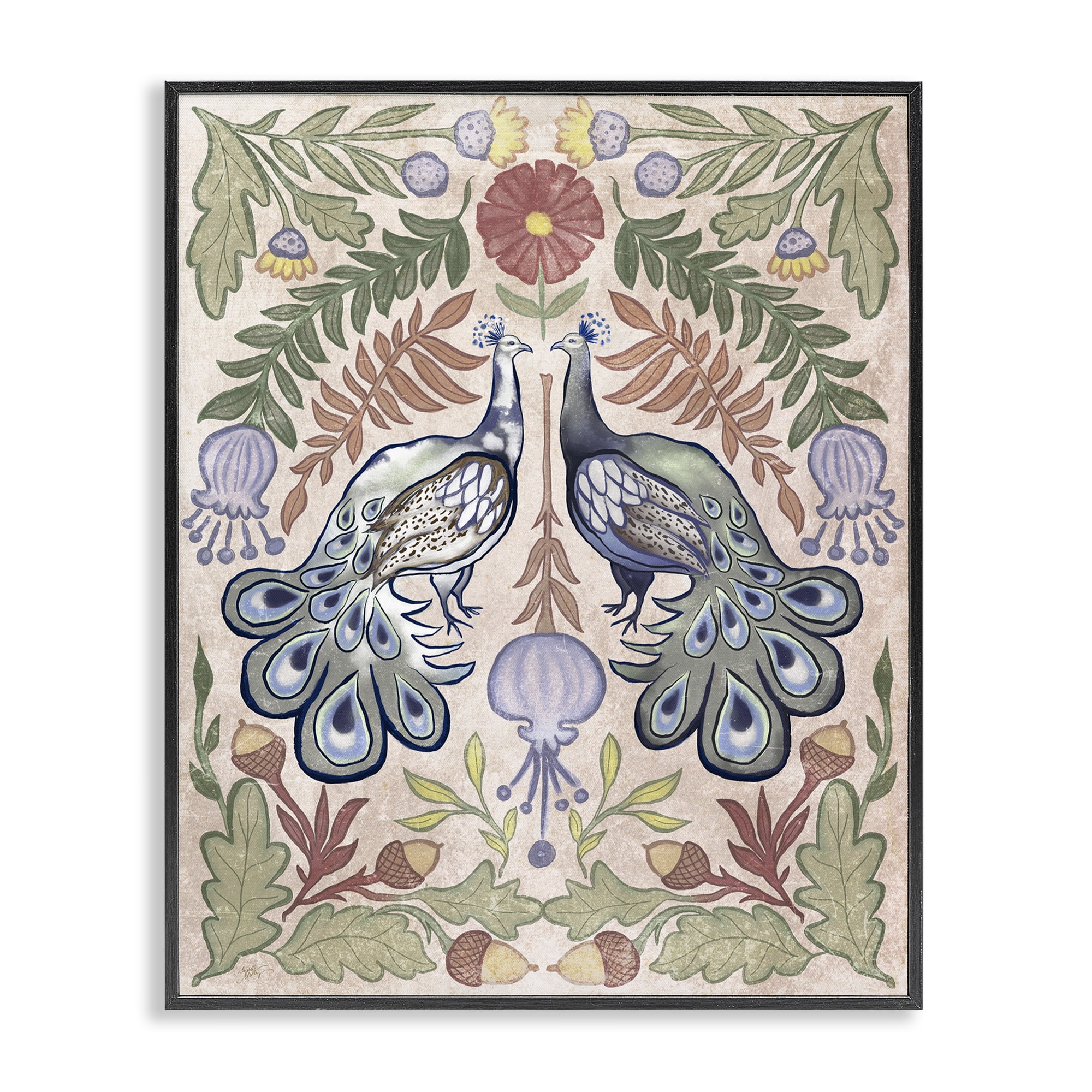 Stupell Industries Symmetrical Peacock & Flower Pattern Black Framed Giclee Art, design by Elizabeth Medley