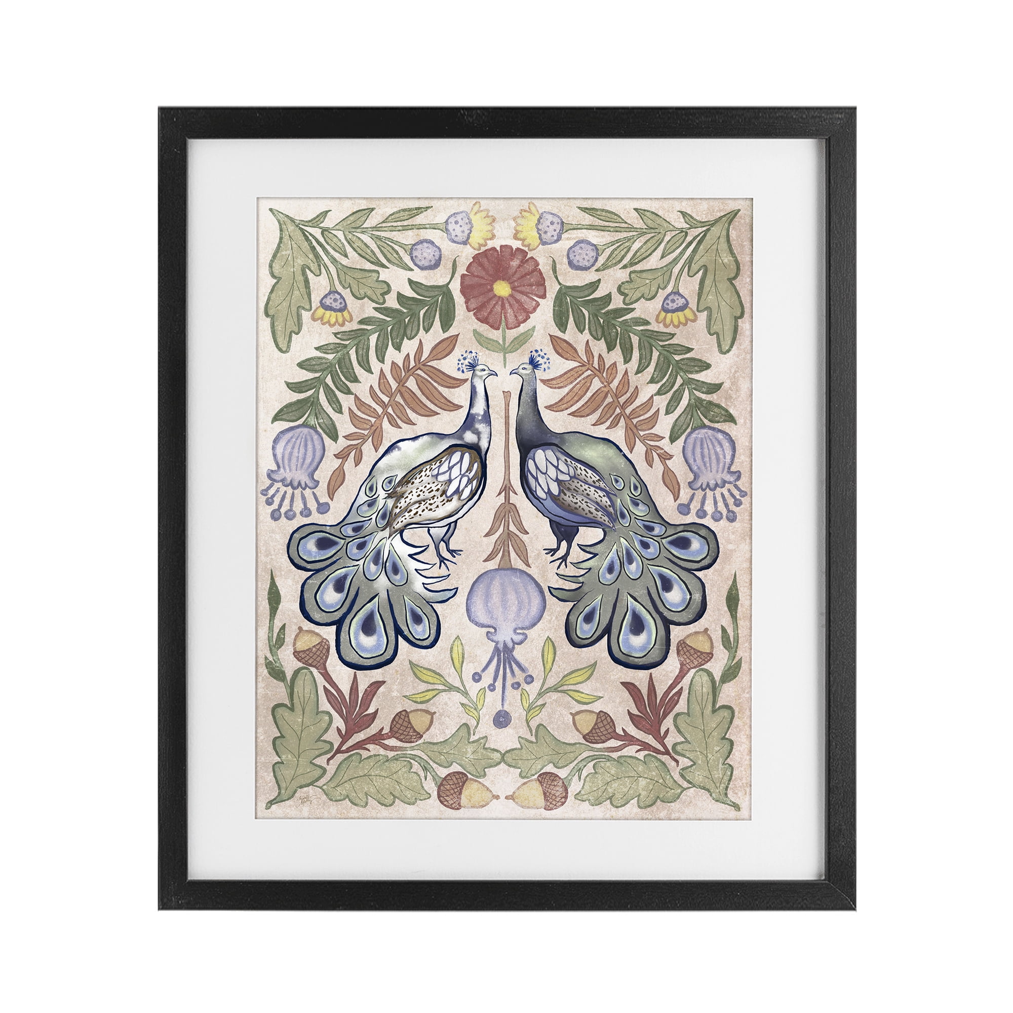 Stupell Industries Symmetrical Peacock & Flower Pattern Black Framed Print Under Glass, design by Elizabeth Medley