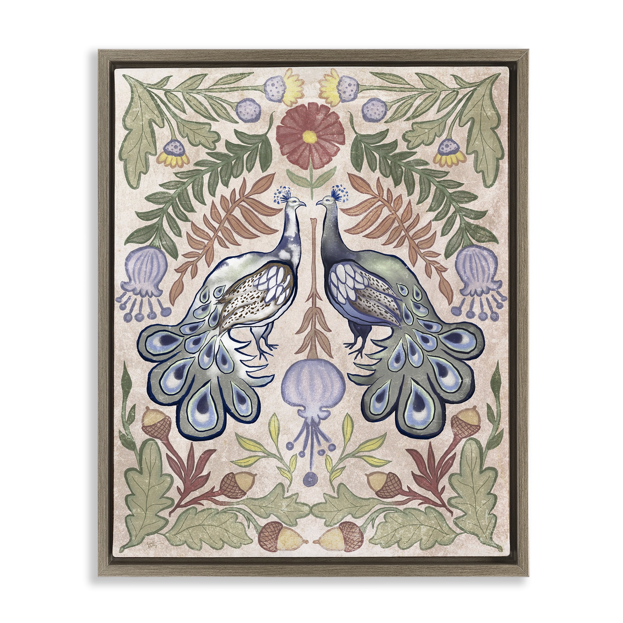 Stupell Industries Symmetrical Peacock & Flower Pattern Brown Framed Floater Canvas Wall Art, design by Elizabeth Medley