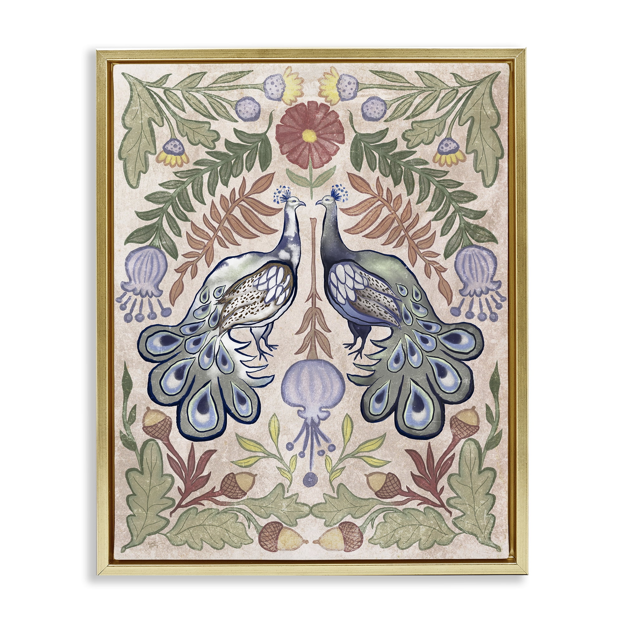 Stupell Industries Symmetrical Peacock & Flower Pattern Gold Framed Floater Canvas Wall Art, design by Elizabeth Medley