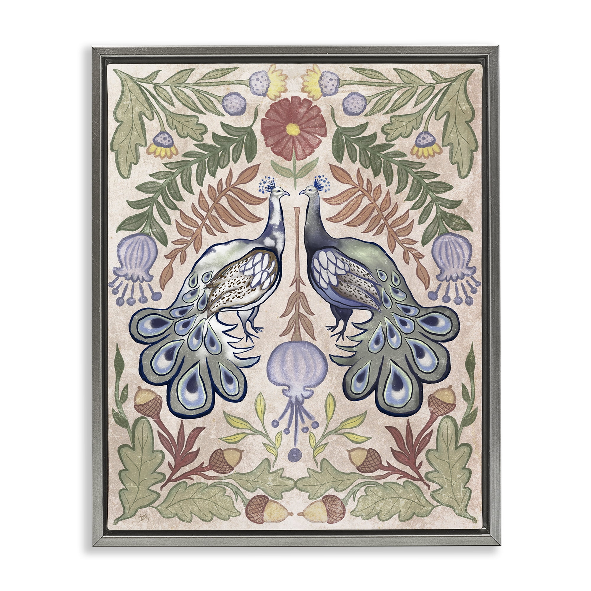 Stupell Industries Symmetrical Peacock & Flower Pattern Gray Framed Floater Canvas Wall Art, design by Elizabeth Medley
