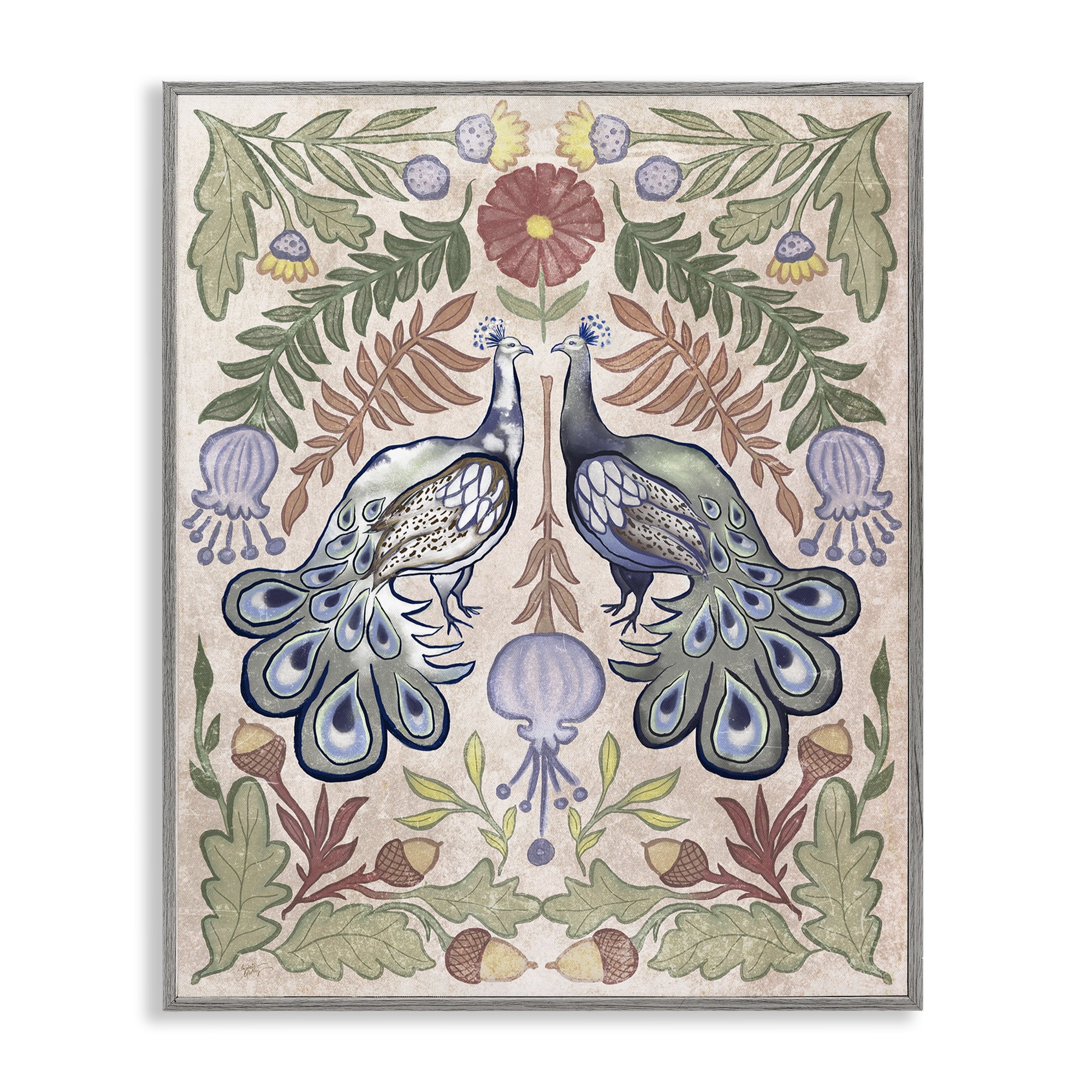 Stupell Industries Symmetrical Peacock & Flower Pattern Gray Framed Giclee Art, design by Elizabeth Medley