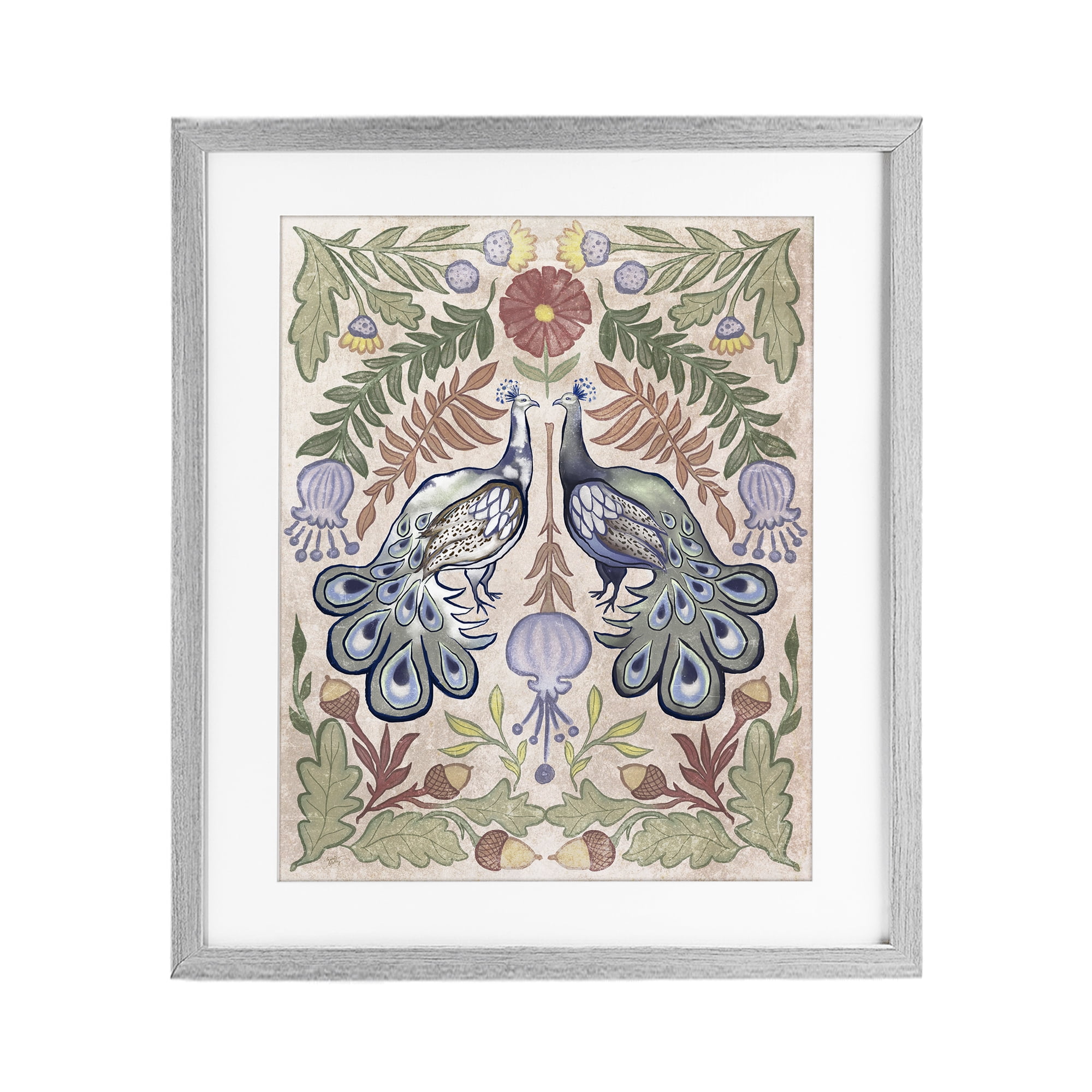 Stupell Industries Symmetrical Peacock & Flower Pattern Gray Framed Print Under Glass, design by Elizabeth Medley