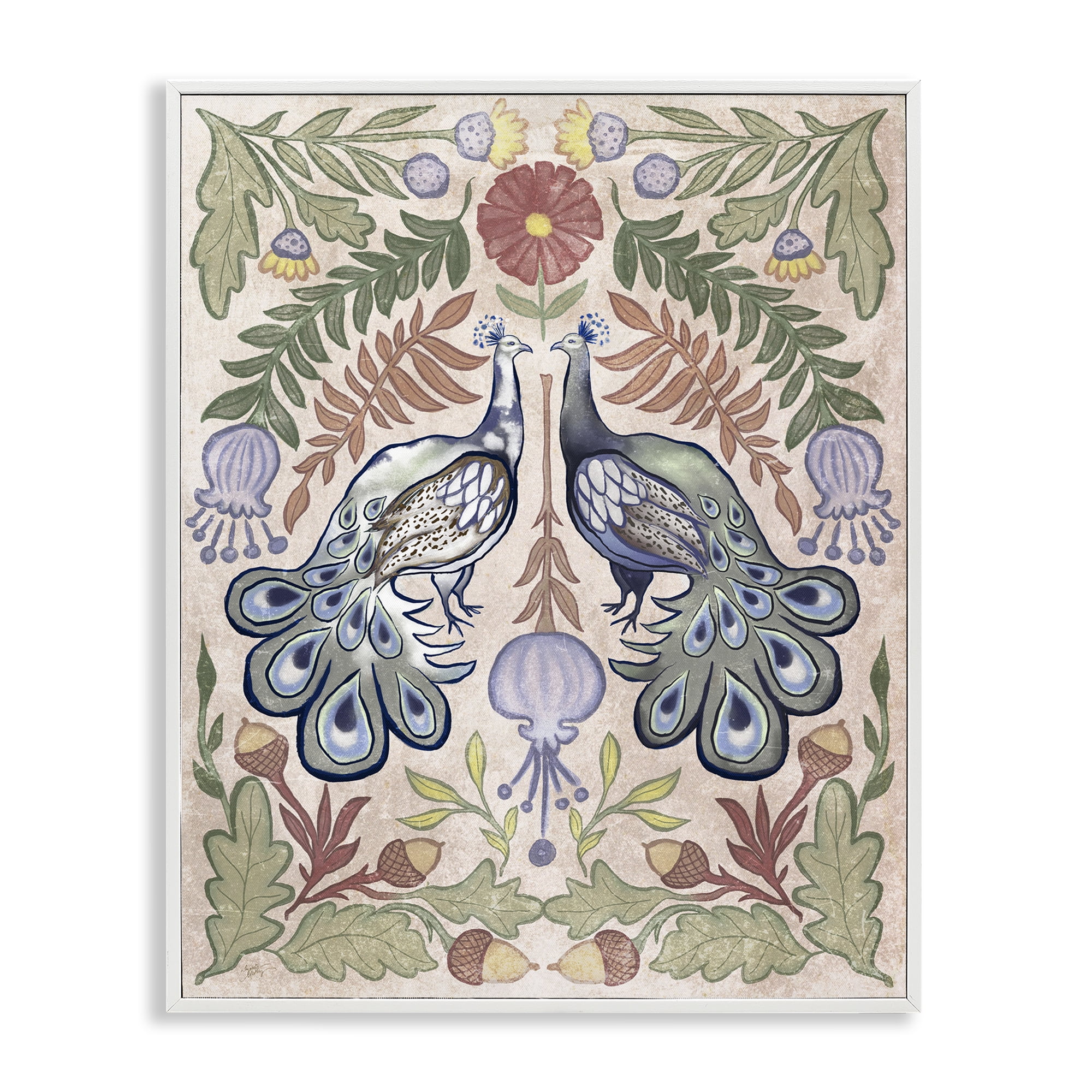 Stupell Industries Symmetrical Peacock & Flower Pattern White Framed Giclee Art, design by Elizabeth Medley