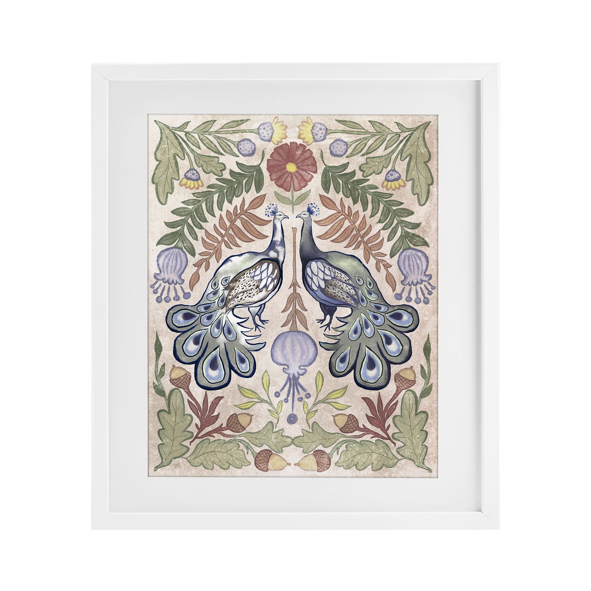 Stupell Industries Symmetrical Peacock & Flower Pattern White Framed Print Under Glass, design by Elizabeth Medley
