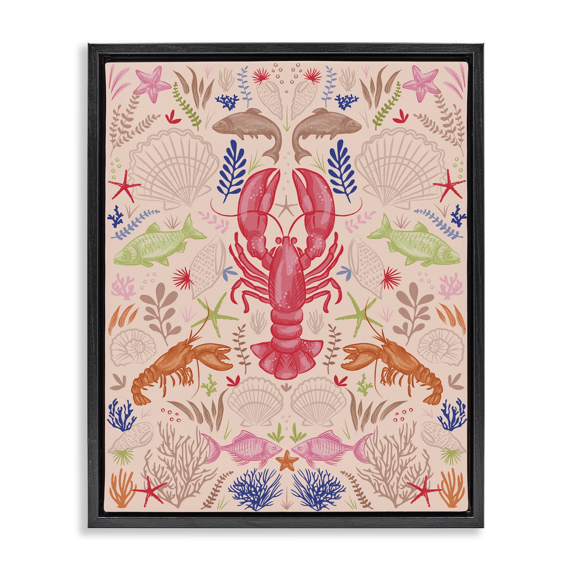 Stupell Industries Symmetrical Sea Life Nautical & Beach Painting Black Floater Framed Canvas Art Print Wall Art, 17 x 21