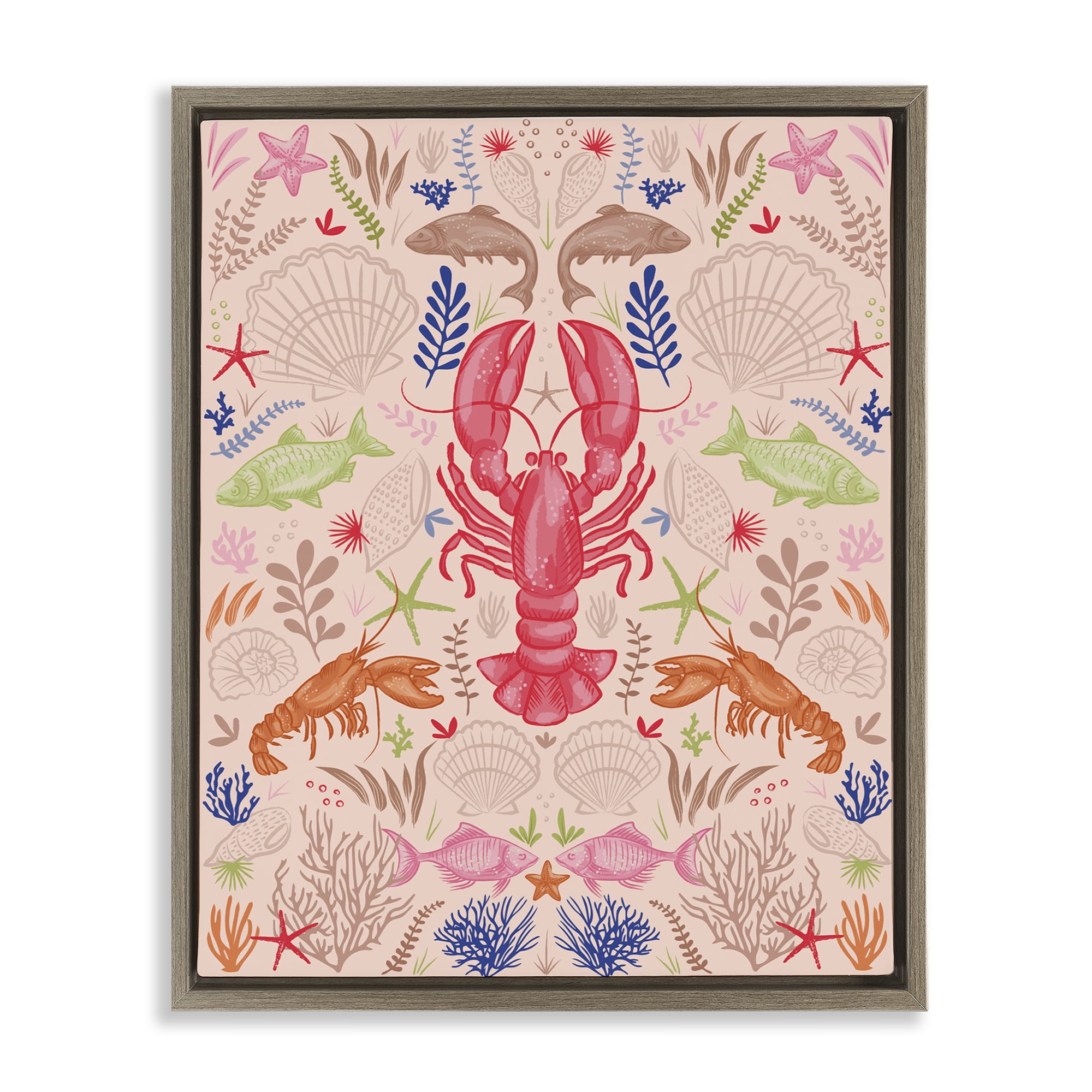 Stupell Industries Symmetrical Sea Life Nautical & Beach Painting Brown Floater Framed Canvas Art Print Wall Art, 17 x 21