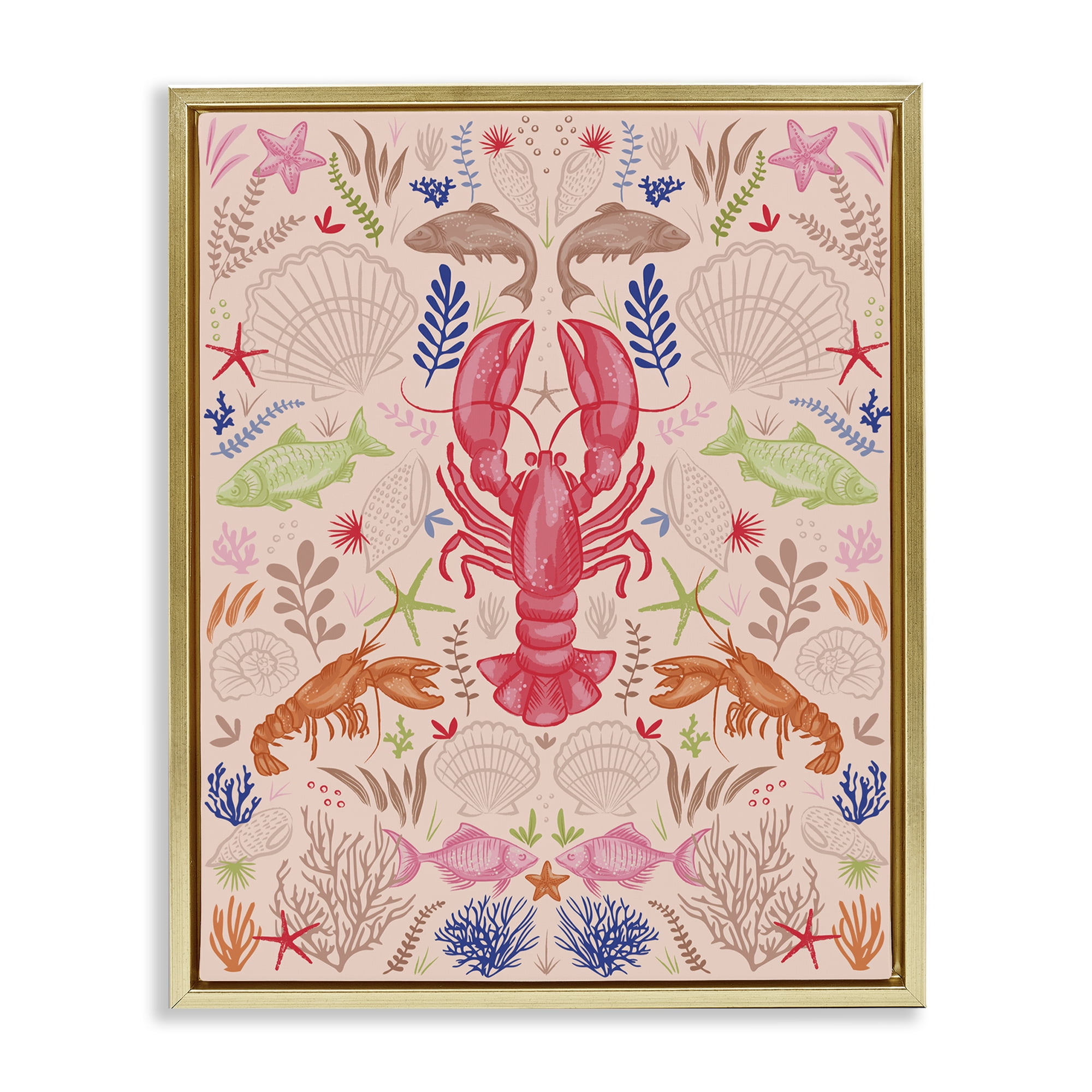 Stupell Industries Symmetrical Sea Life Nautical & Beach Painting Gold Floater Framed Canvas Art Print Wall Art, 17 x 21