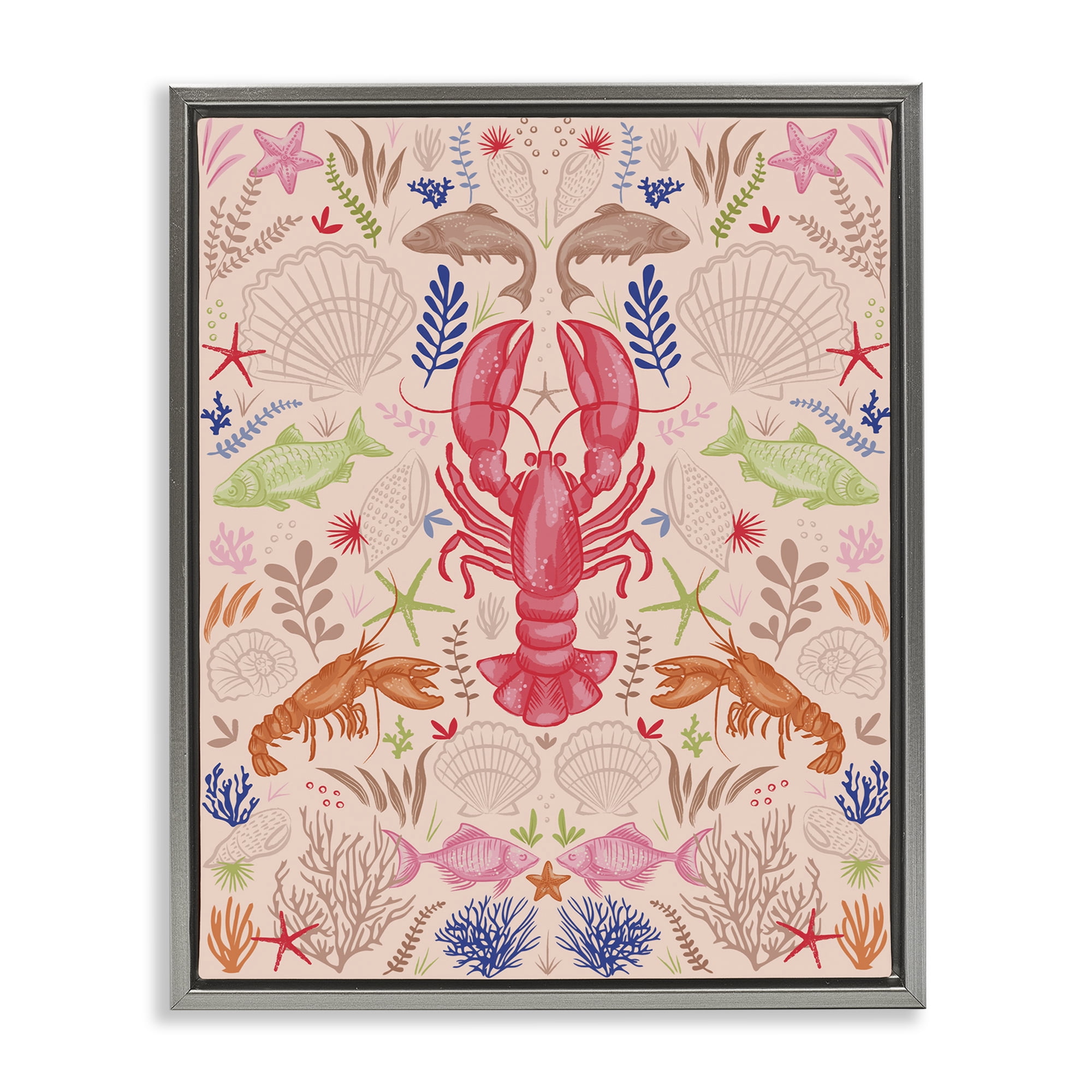 Stupell Industries Symmetrical Sea Life Nautical & Beach Painting Gray Floater Framed Canvas Art Print Wall Art, 17 x 21