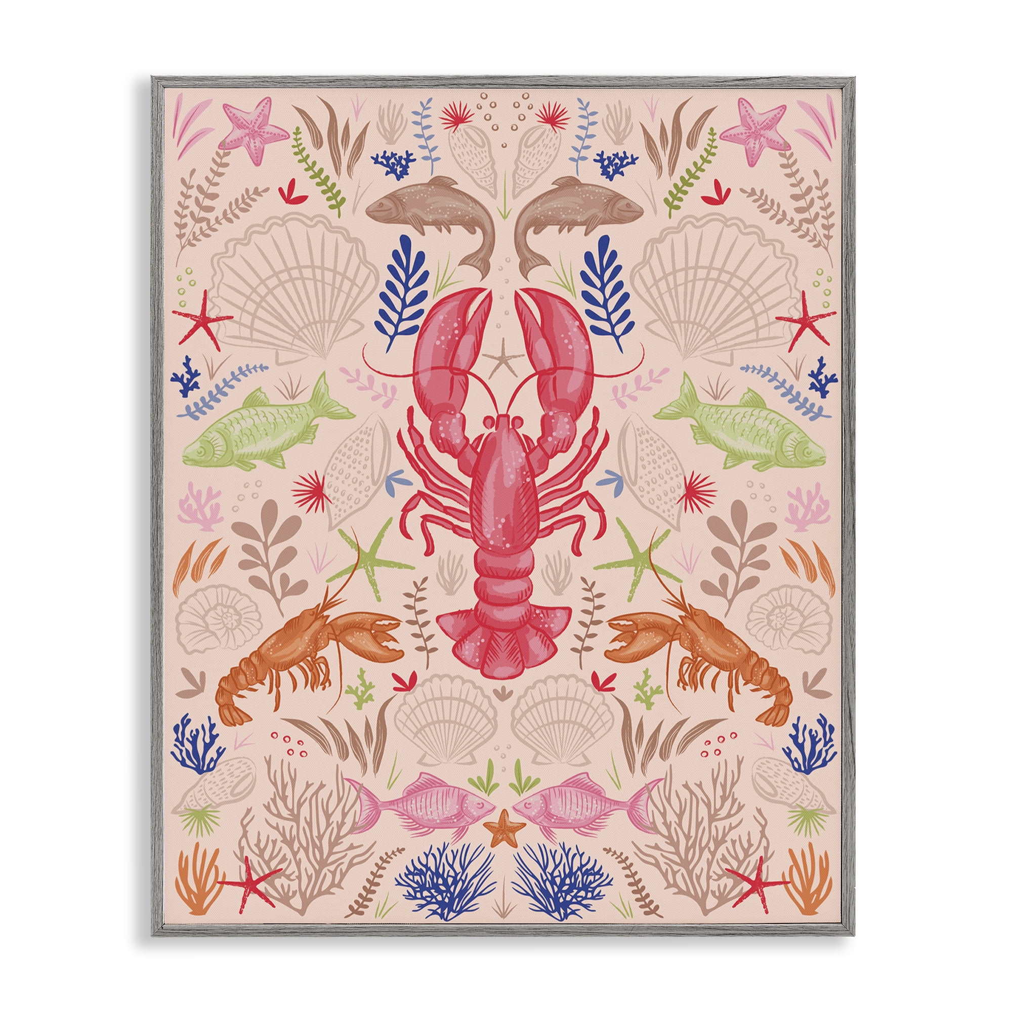 Stupell Industries Symmetrical Sea Life Nautical & Beach Painting Gray Framed Art Print Wall Art, 11 x 14
