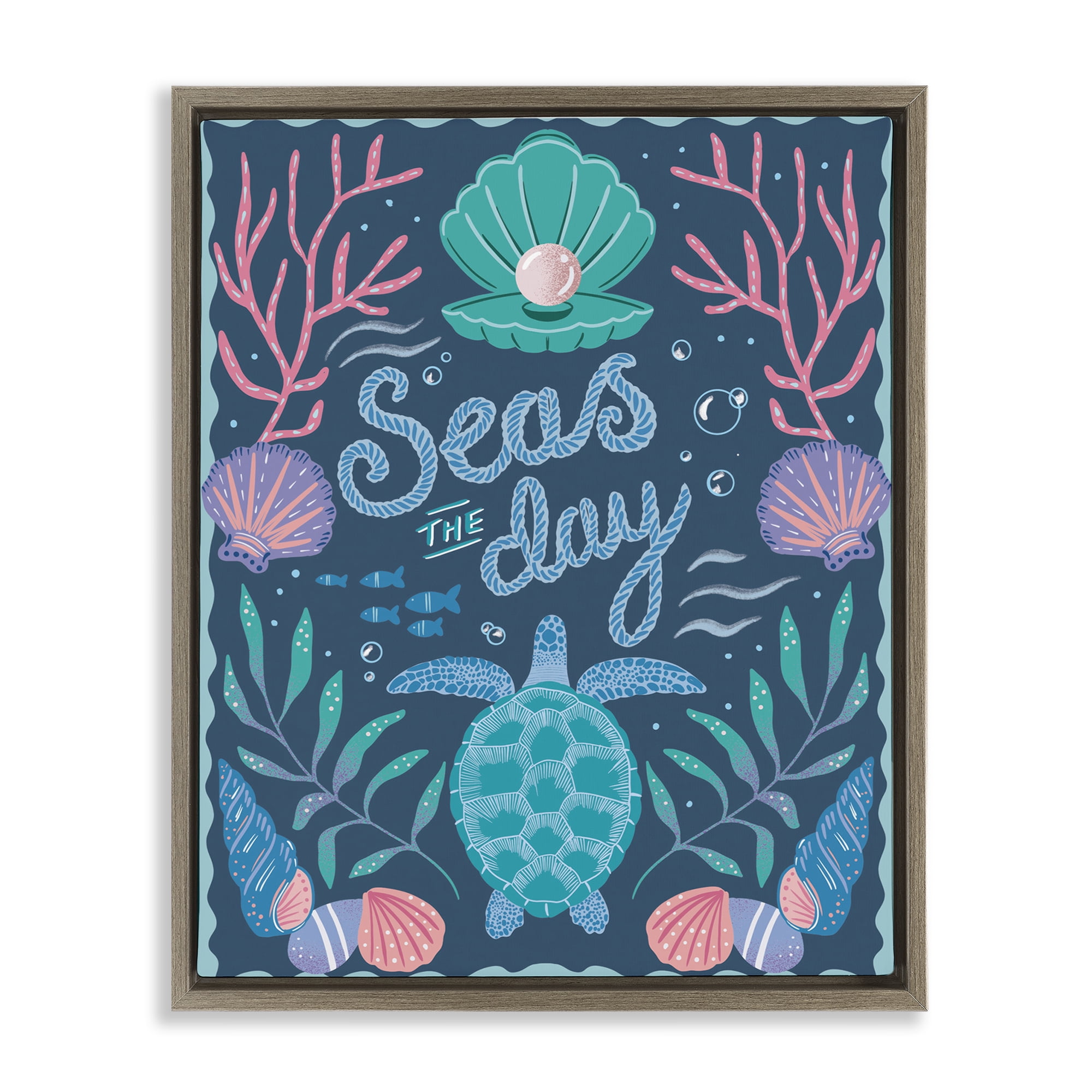 Stupell Industries Symmetrical Seas The Day Animals Painting Brown Floater Framed Canvas Art Print Wall Art, 25 x 31