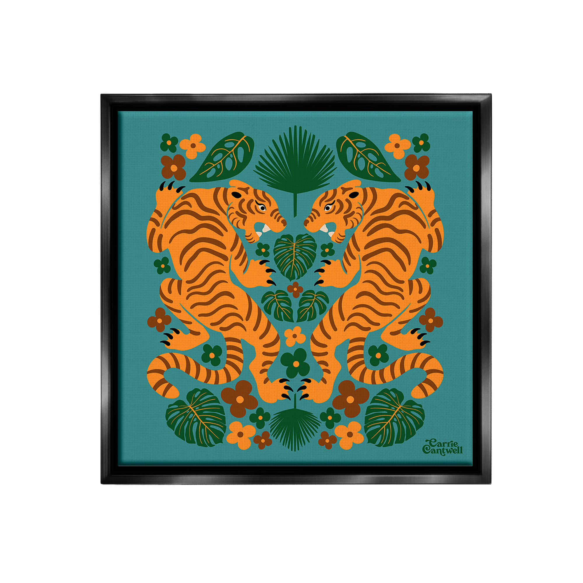 Stupell Industries Symmetrical Tigers & Nature Animals & Insects Painting Black Floater Framed Canvas Art Print Wall Art, 18 x 18