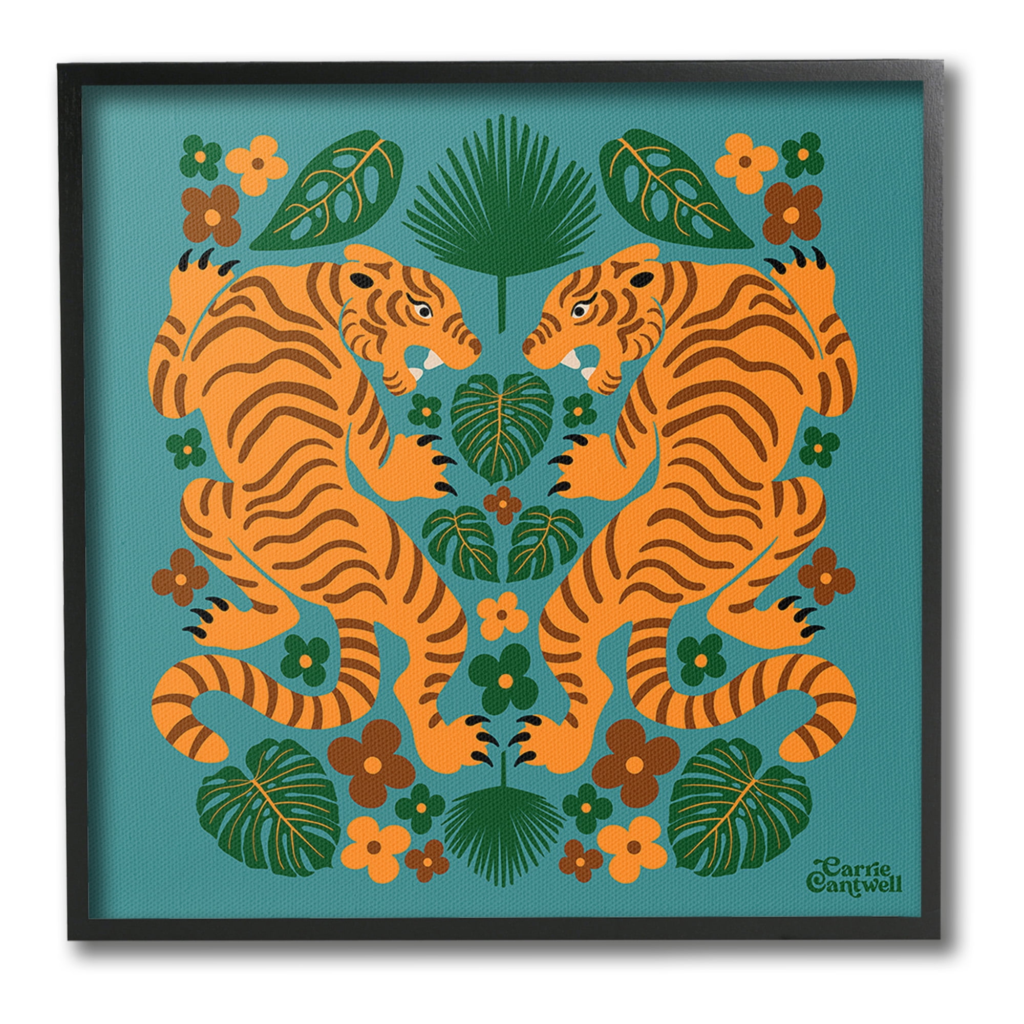 Stupell Industries Symmetrical Tigers & Nature Animals & Insects Painting Black Framed Art Print Wall Art, 17 x 17