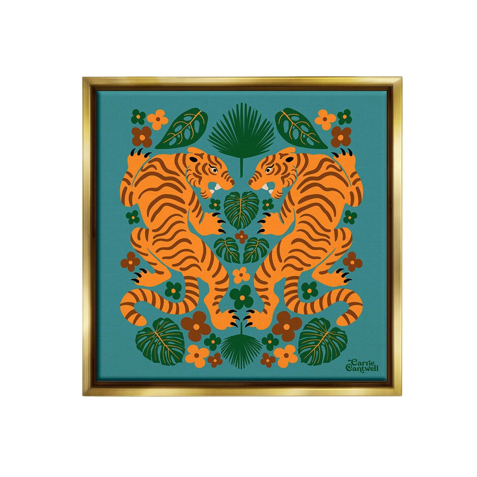 Stupell Industries Symmetrical Tigers & Nature Animals & Insects Painting Gold Floater Framed Canvas Art Print Wall Art, 25 x 25