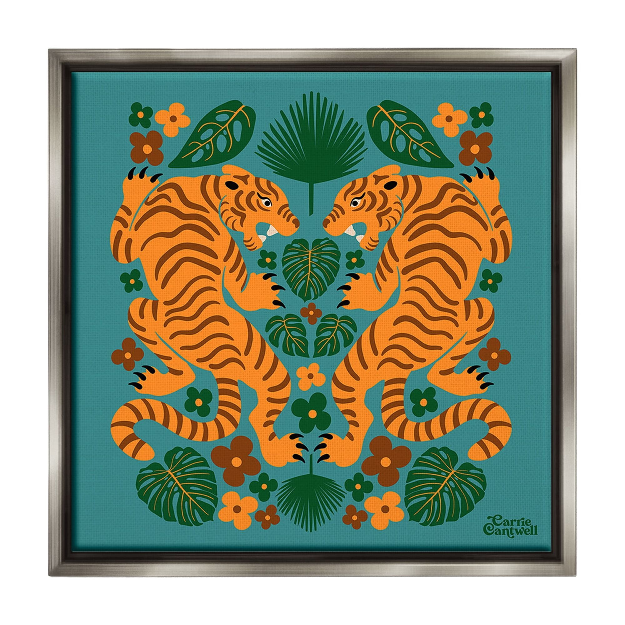 Stupell Industries Symmetrical Tigers & Nature Animals & Insects Painting Gray Floater Framed Canvas Art Print Wall Art, 18 x 18