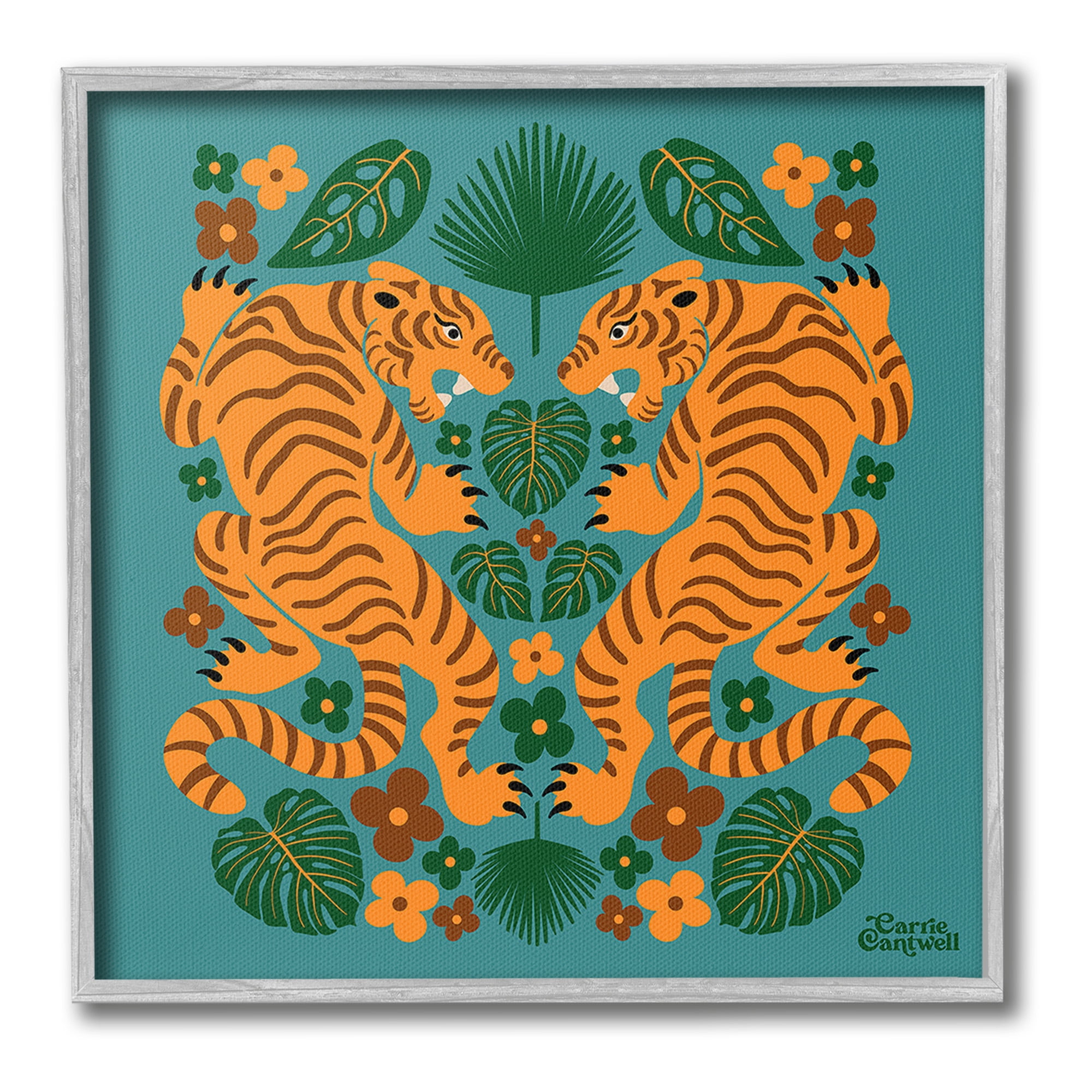 Stupell Industries Symmetrical Tigers & Nature Animals & Insects Painting Gray Framed Art Print Wall Art, 12 x 12