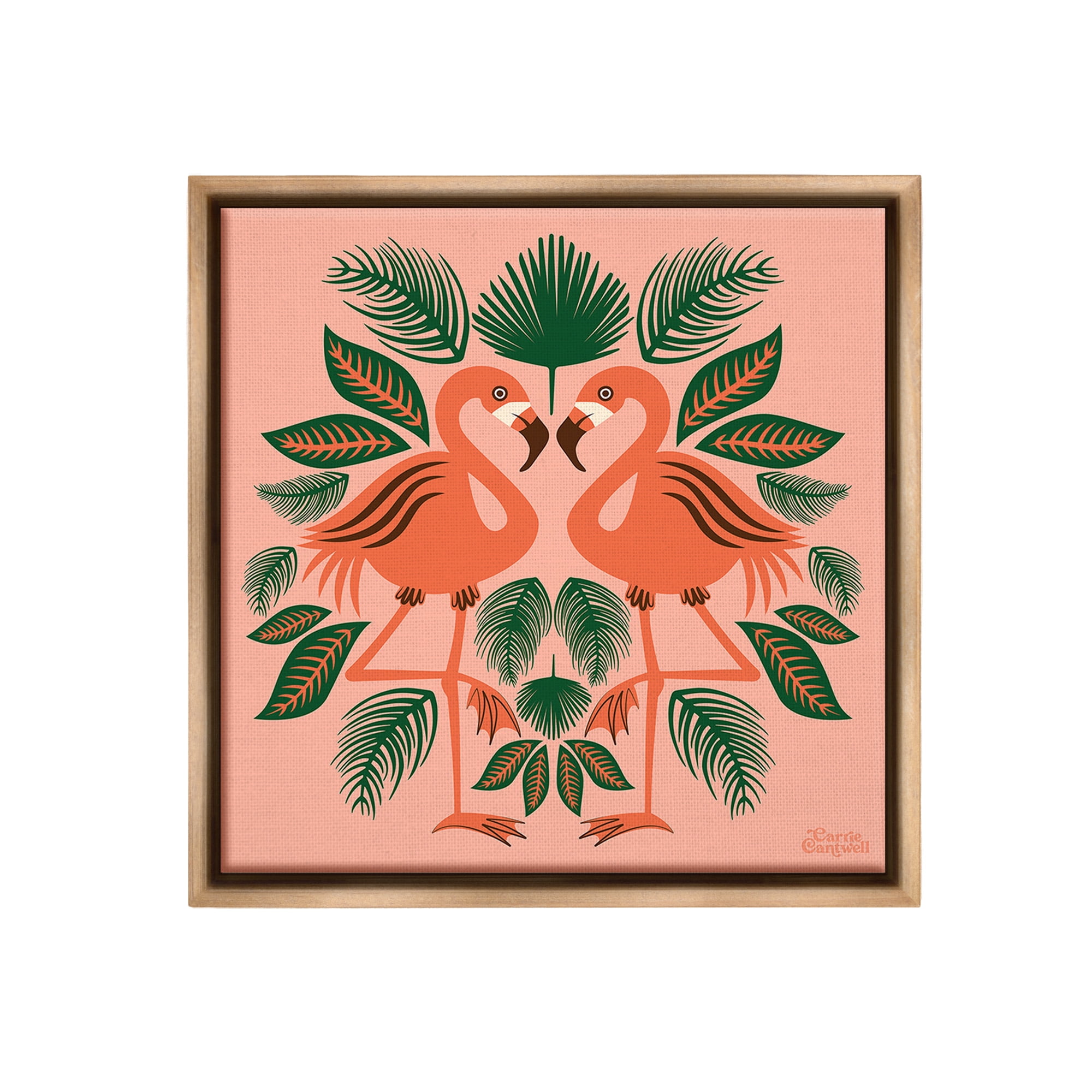 Stupell Industries Symmetrical Tropical Flamingos Animals & Insects Painting Brown Floater Framed Canvas Art Print Wall Art, 18 x 18