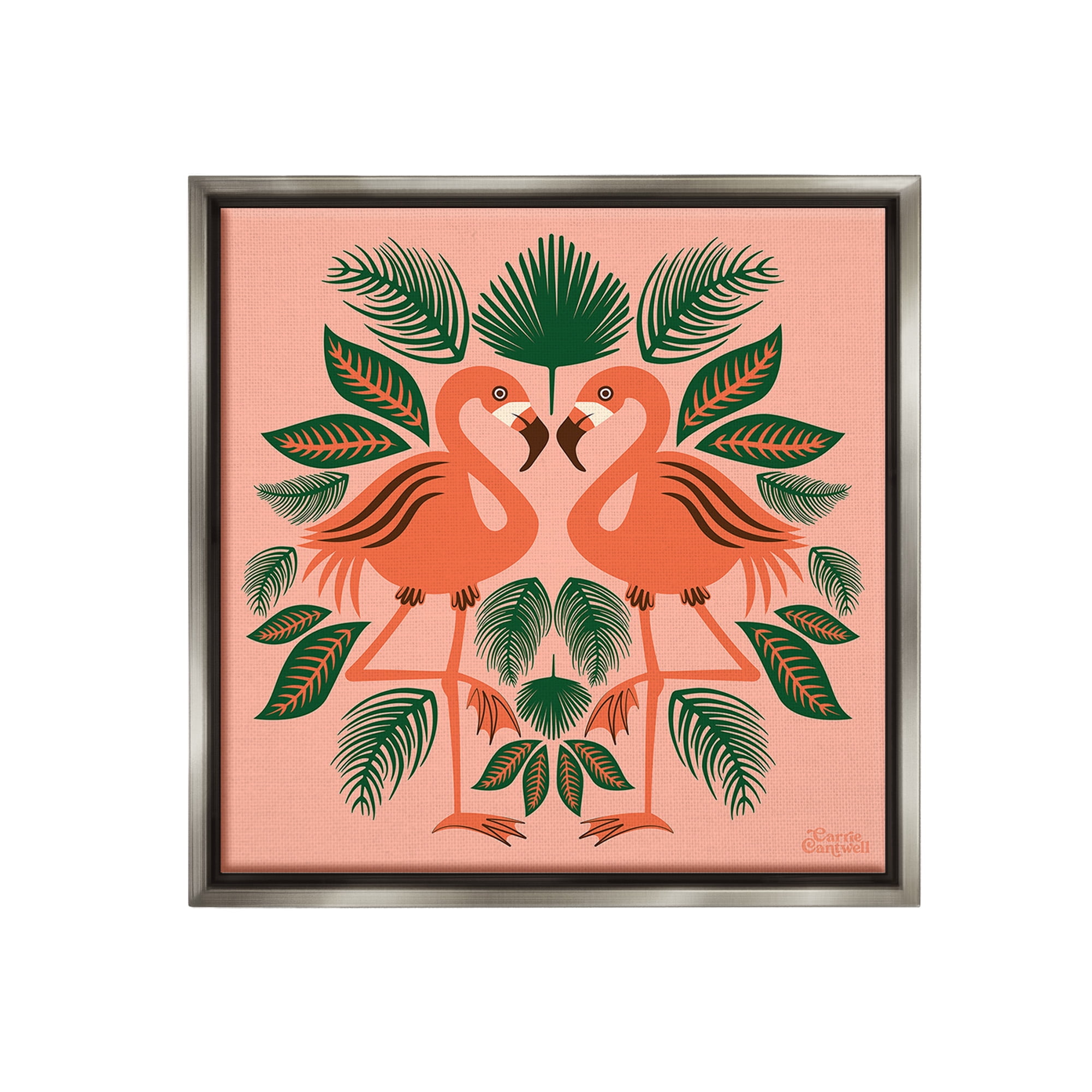 Stupell Industries Symmetrical Tropical Flamingos Animals & Insects Painting Gray Floater Framed Canvas Art Print Wall Art, 25 x 25