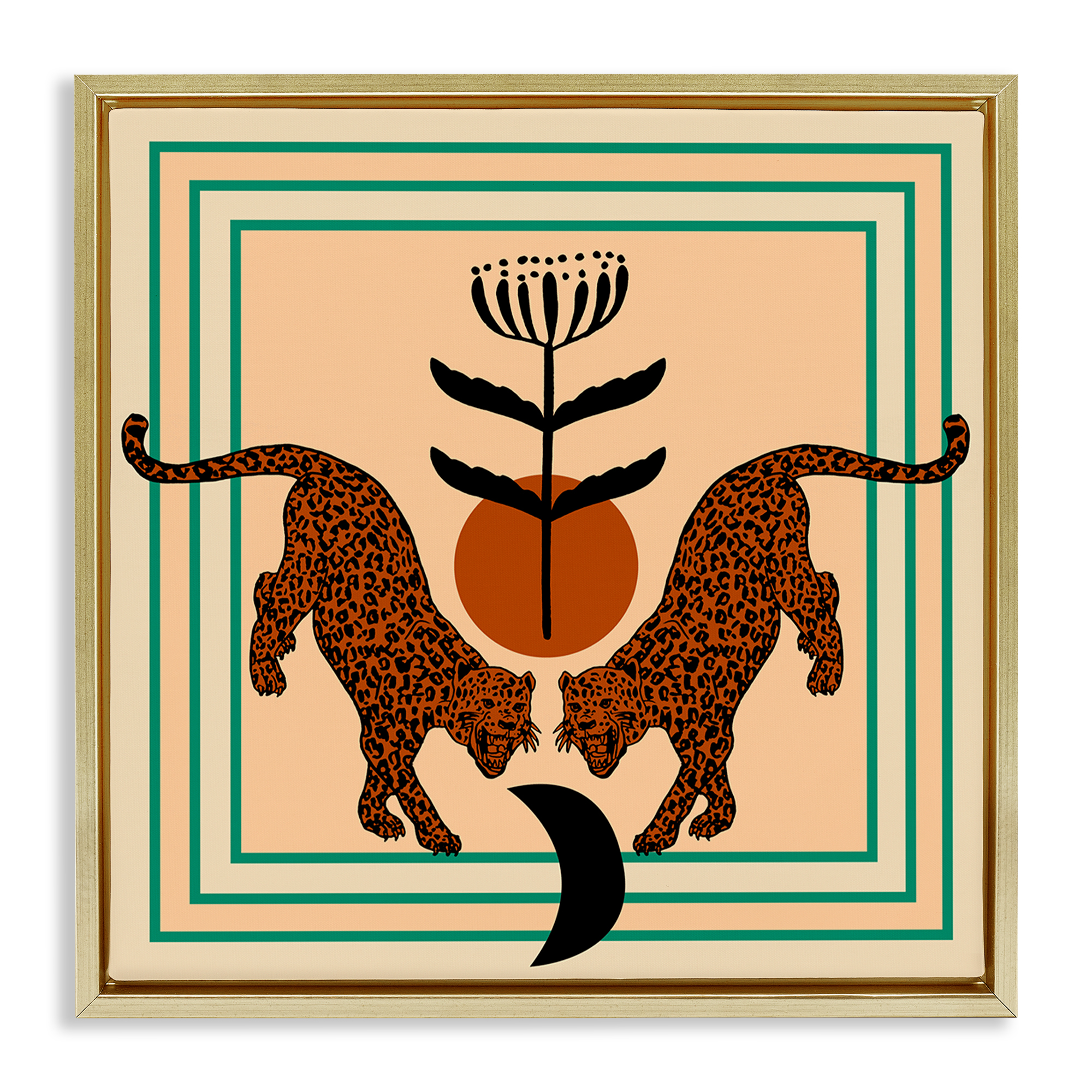 Stupell Industries Symmetrical Tropical Leopards Animals Painting Gold Floater Framed Canvas Art Print Wall Art, 18 x 18