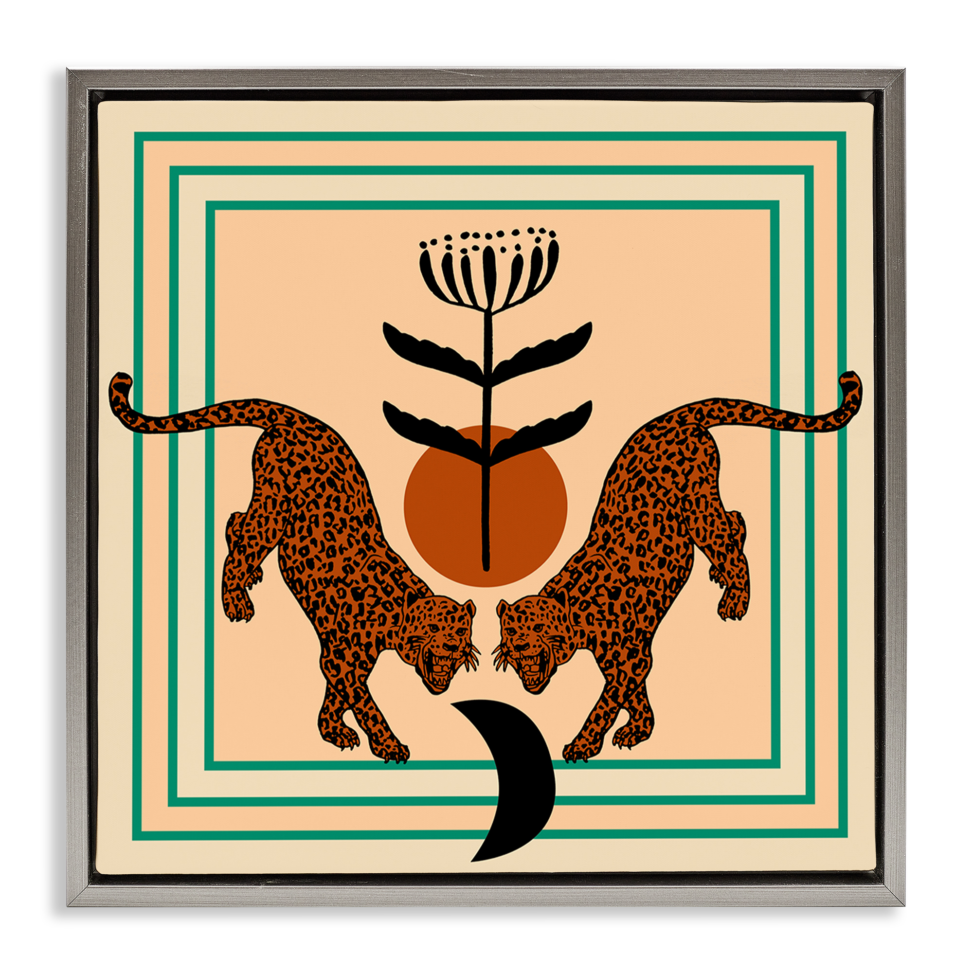 Stupell Industries Symmetrical Tropical Leopards Animals Painting Gray Floater Framed Canvas Art Print Wall Art, 18 x 18