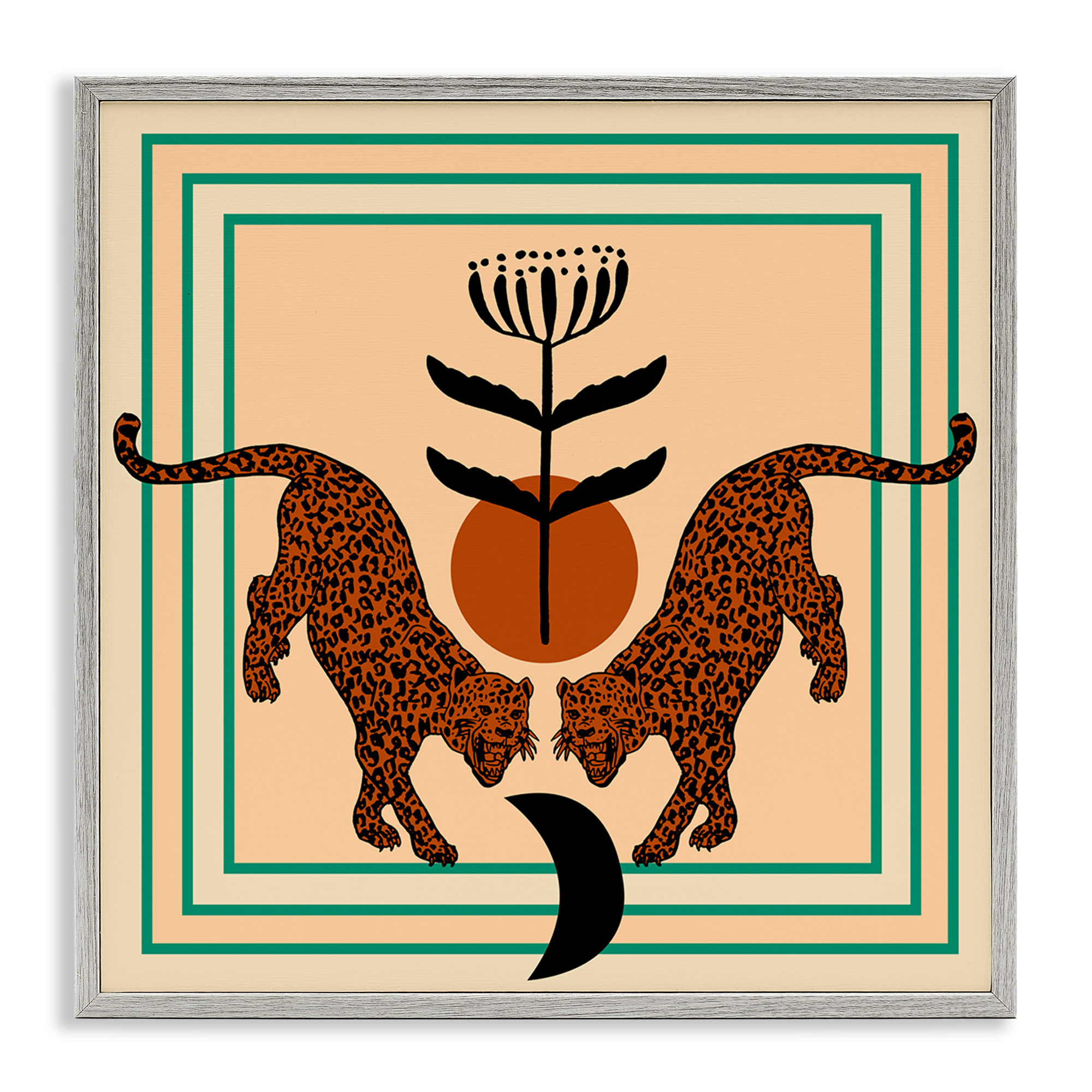 Stupell Industries Symmetrical Tropical Leopards Animals Painting Gray Framed Art Print Wall Art, 12 x 12