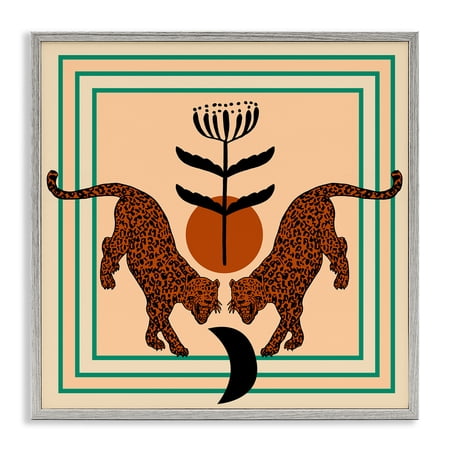 Stupell Industries Symmetrical Tropical Leopards Animals Painting Gray Framed Art Print Wall Art, 12 x 12