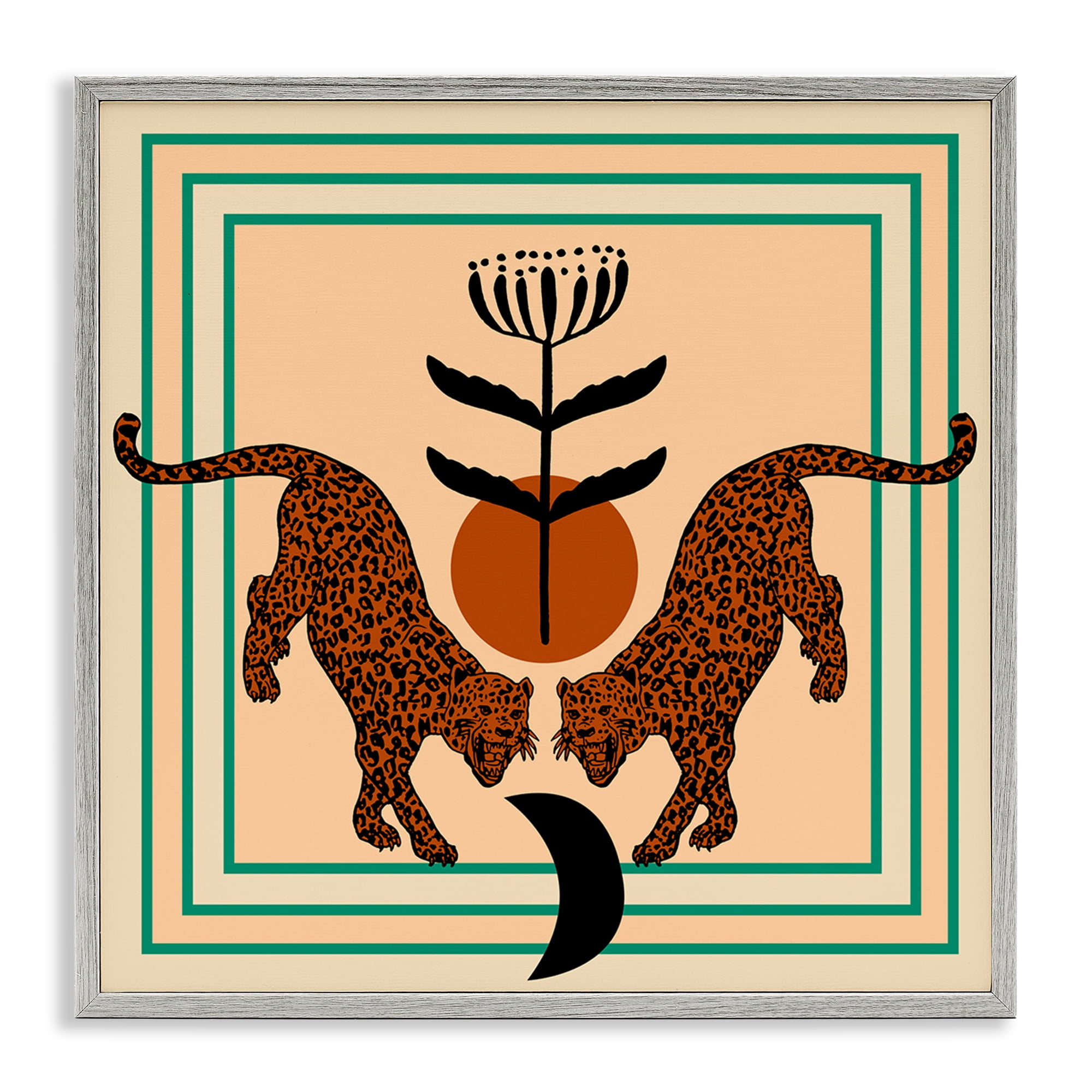 Stupell Industries Symmetrical Tropical Leopards Animals Painting Gray Framed Art Print Wall Art, 17 x 17