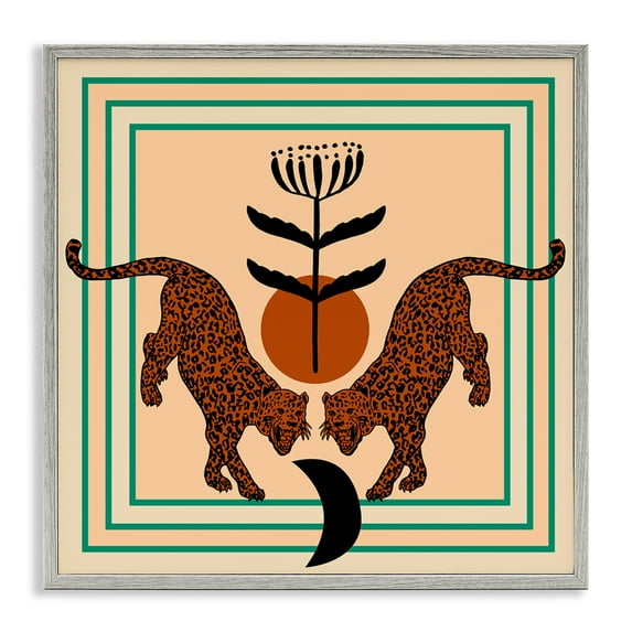 Stupell Industries Symmetrical Tropical Leopards Animals Painting Gray Framed Art Print Wall Art, 17 x 17