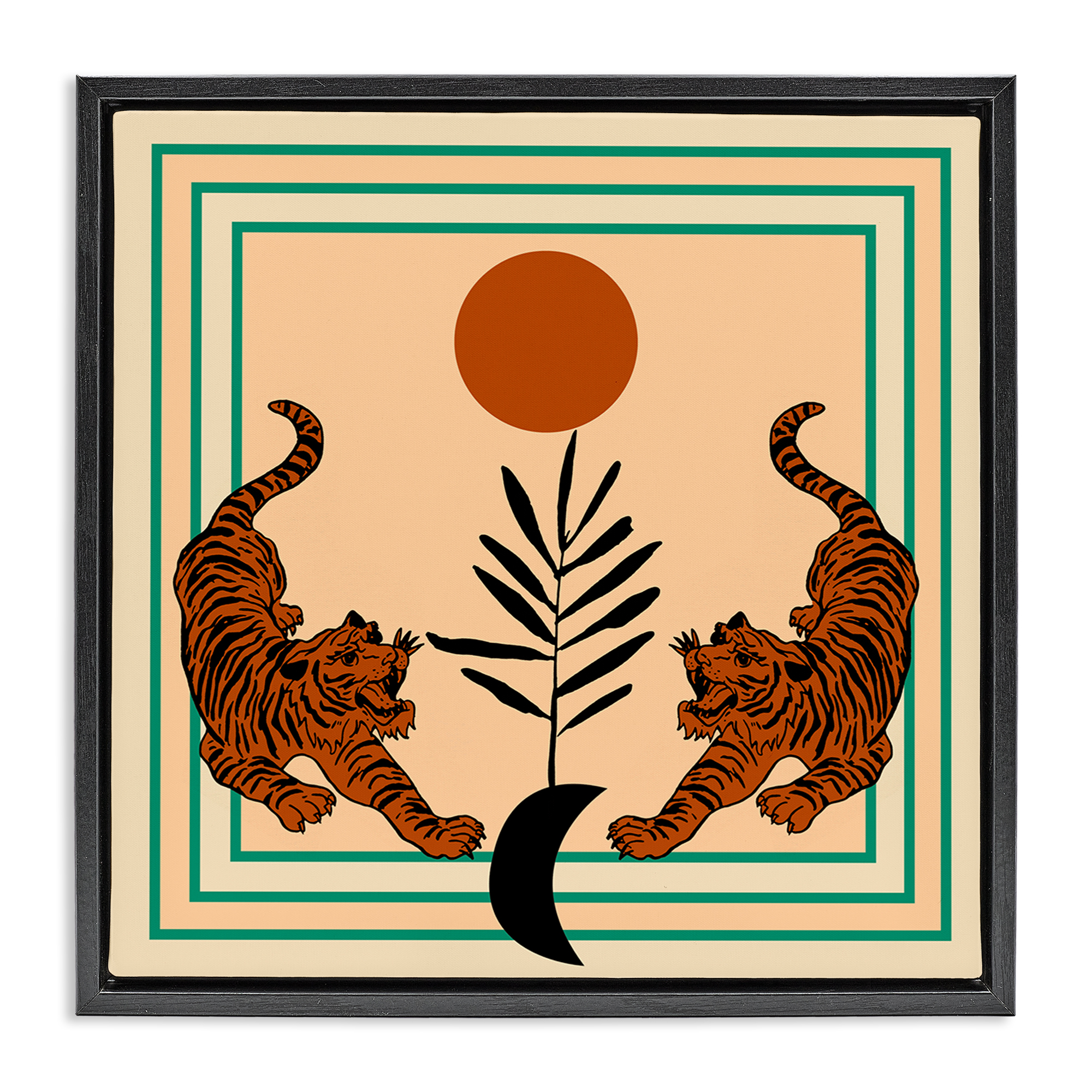 Stupell Industries Symmetrical Tropical Tigers Animals Painting Black Floater Framed Canvas Art Print Wall Art, 25 x 25