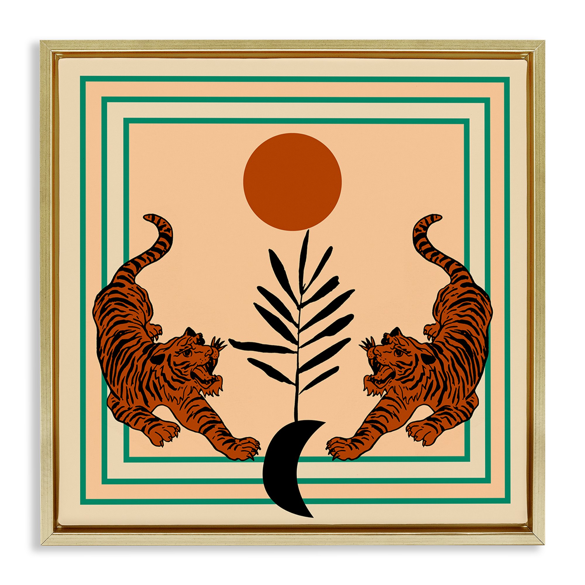 Stupell Industries Symmetrical Tropical Tigers Animals Painting Gold Floater Framed Canvas Art Print Wall Art, 18 x 18