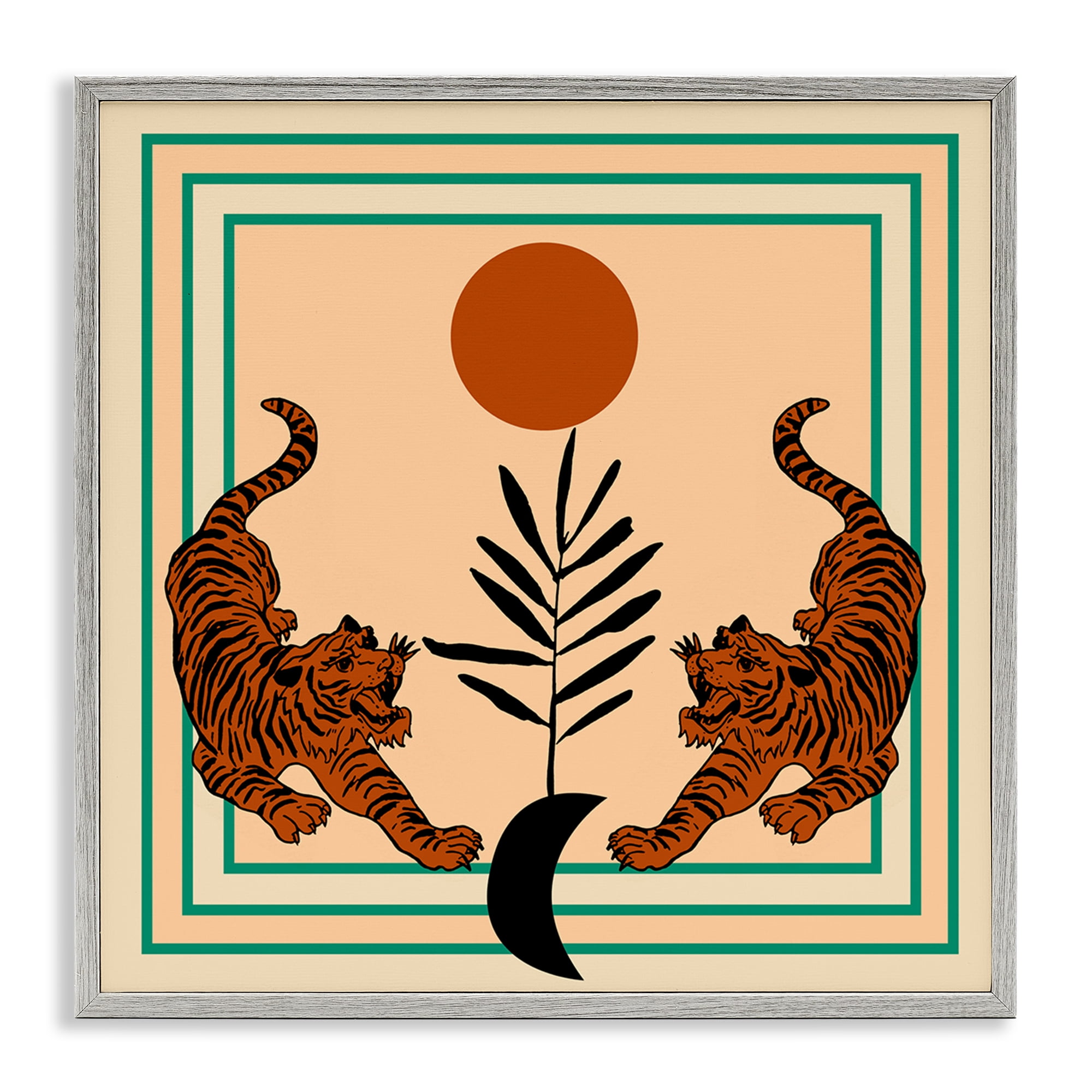 Stupell Industries Symmetrical Tropical Tigers Animals Painting Gray Framed Art Print Wall Art, 24 x 24