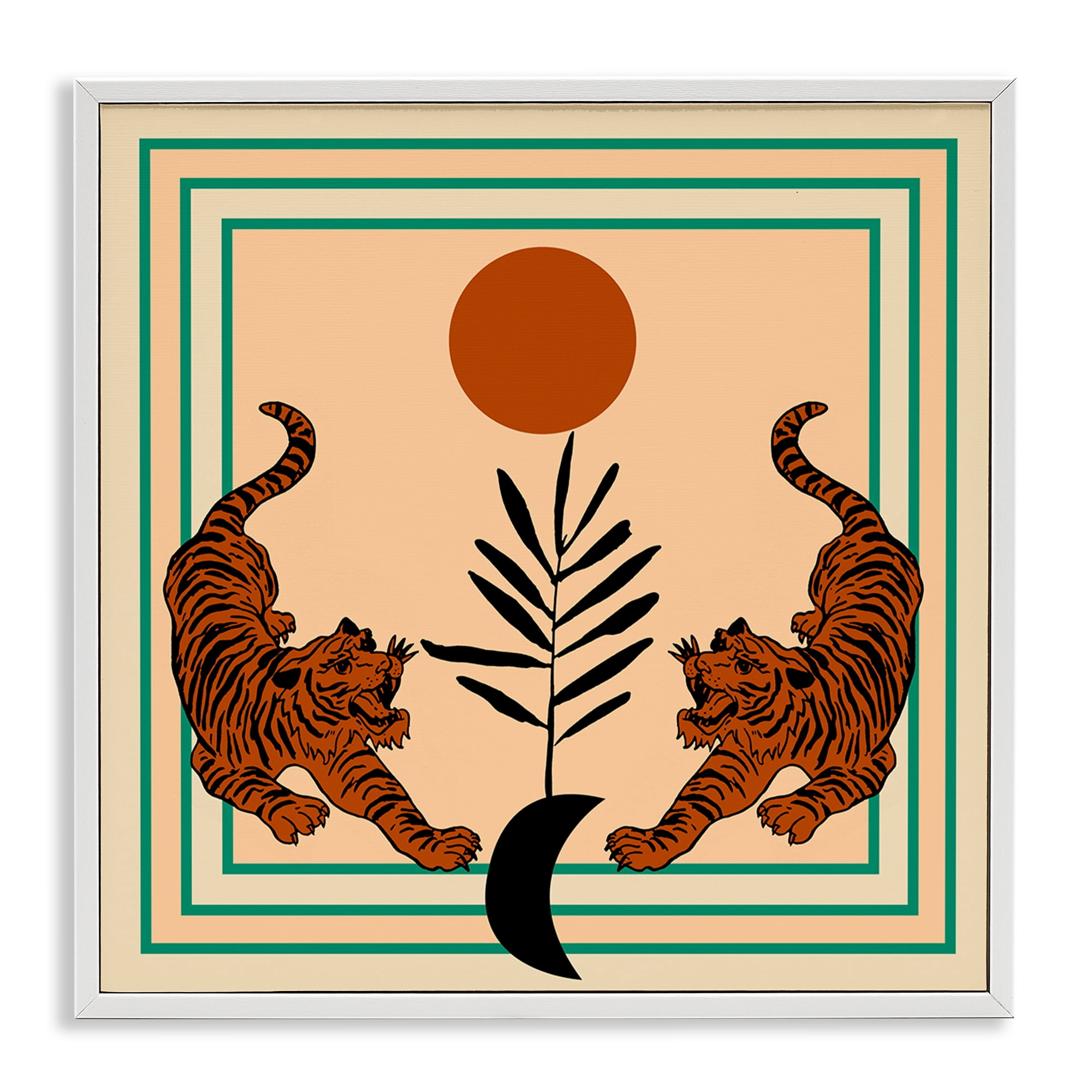 Stupell Industries Symmetrical Tropical Tigers Animals Painting White Framed Art Print Wall Art, 24 x 24