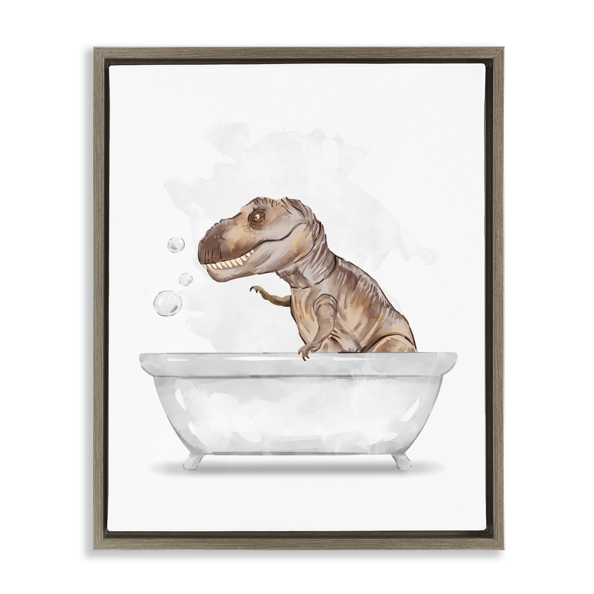 Stupell Industries T-Rex Dino in Bubble Bath Animals & Insects Painting Brown Floater Framed Canvas Art Print Wall Art, 25 x 31