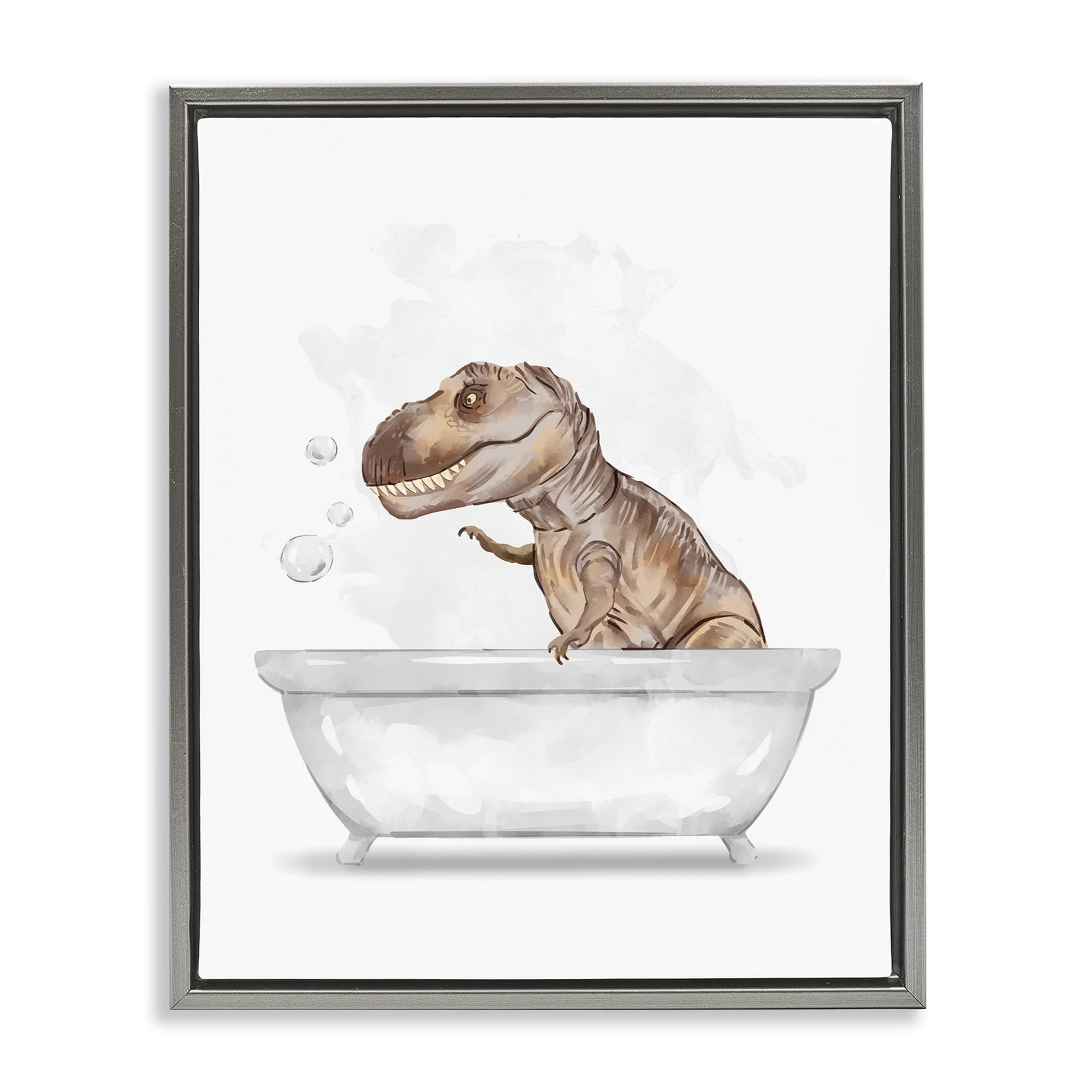 Stupell Industries T-Rex Dino in Bubble Bath Animals & Insects Painting Gray Floater Framed Canvas Art Print Wall Art, 25 x 31
