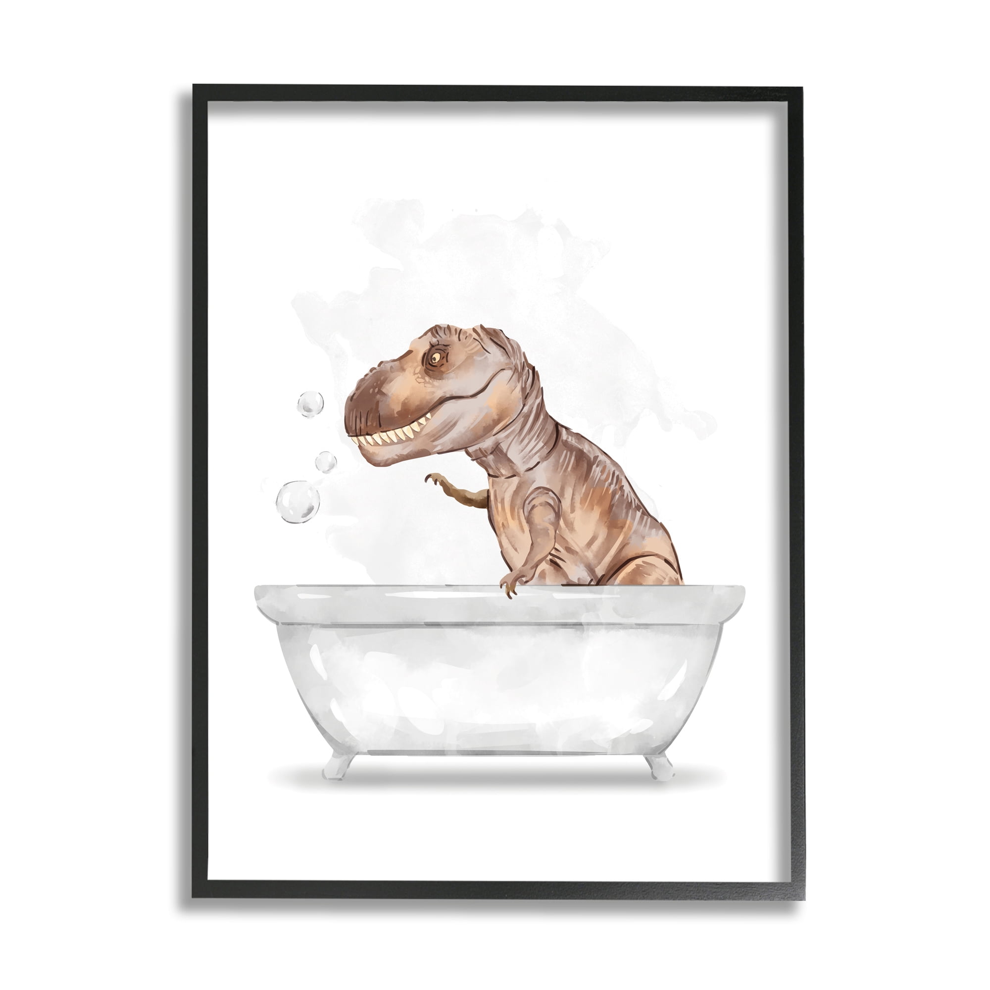 Stupell Industries T-Rex Dinosaur in Bubble Bath White Brown Inspirational Painting Black Framed Art Print Wall Art, 24 x 30