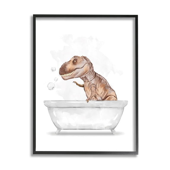 Stupell Industries T-Rex Dinosaur in Bubble Bath White Brown Inspirational Painting Black Framed Art Print Wall Art, 24 x 30