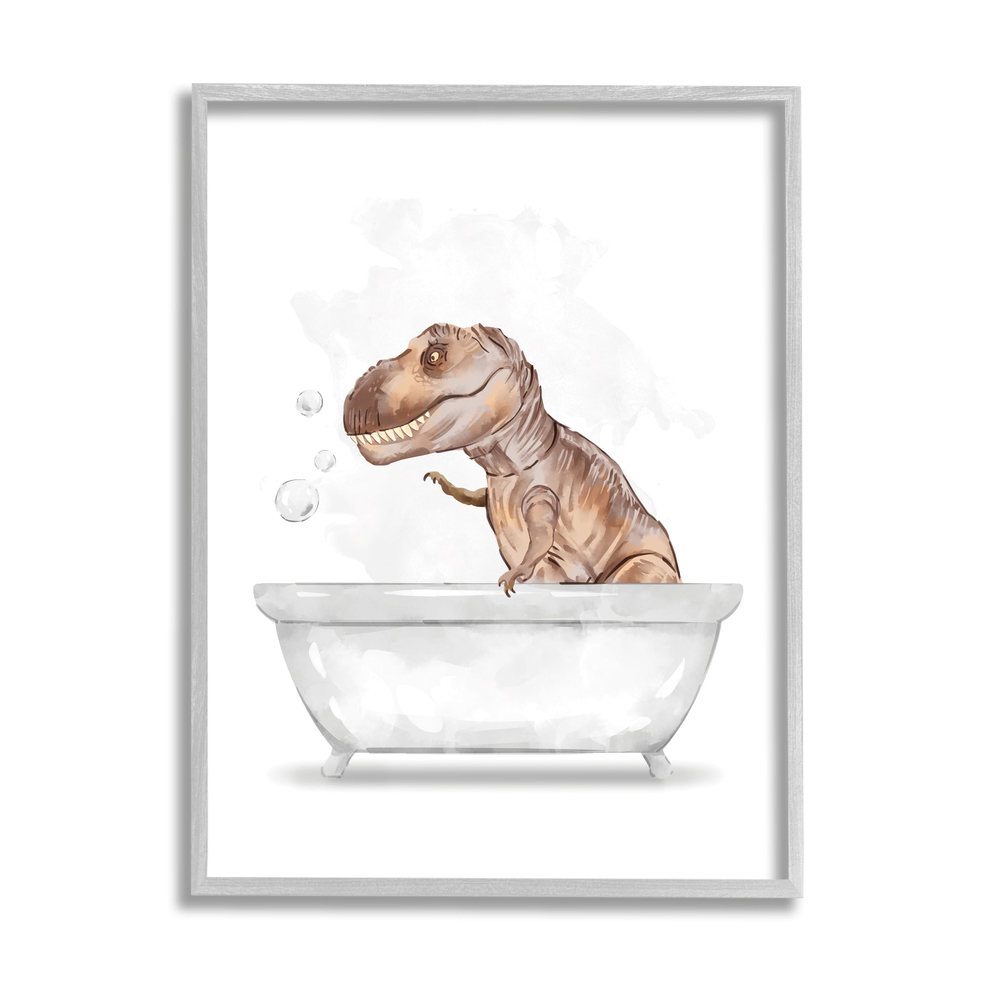 Stupell Industries T-Rex Dinosaur in Bubble Bath White Brown Inspirational Painting Gray Framed Art Print Wall Art, 16 x 20