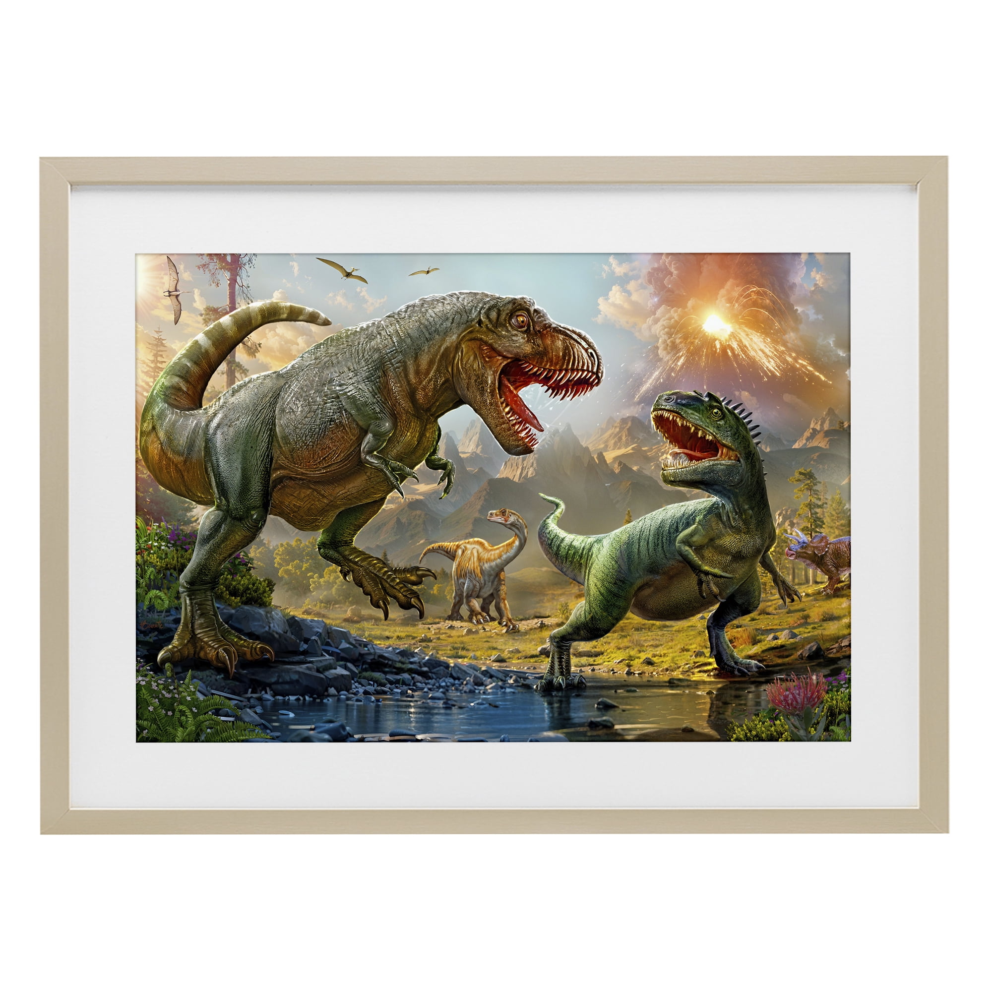 Stupell Industries T-Rex Encounter at Riverbank Birch Framed Print Under Glass, design by Henriette Chinaglia