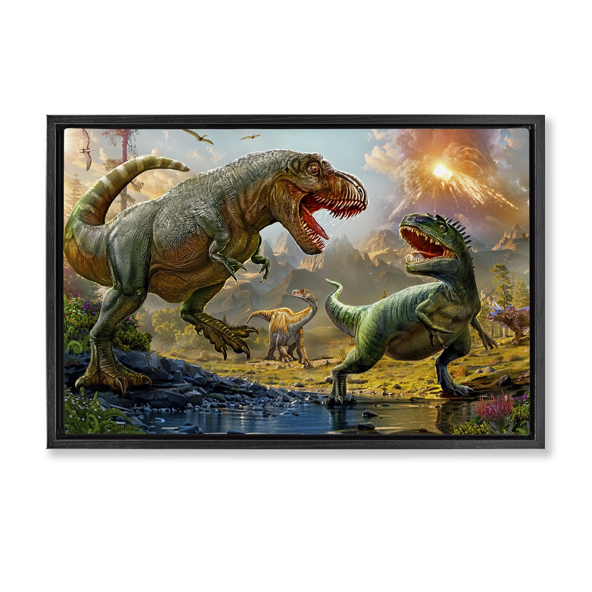 Stupell Industries T-Rex Encounter at Riverbank Black Framed Floater Canvas Wall Art, design by Henriette Chinaglia