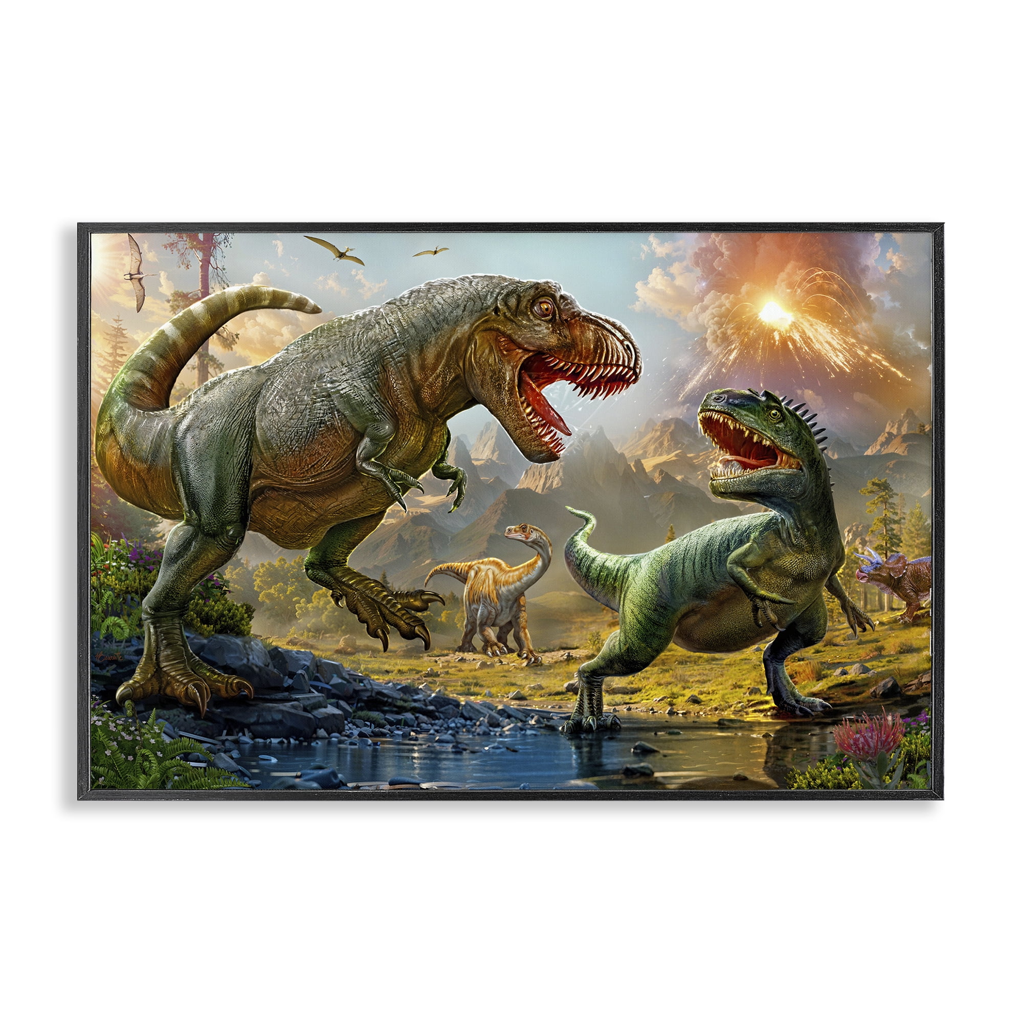 Stupell Industries T-Rex Encounter at Riverbank Black Framed Giclee Art, design by Henriette Chinaglia