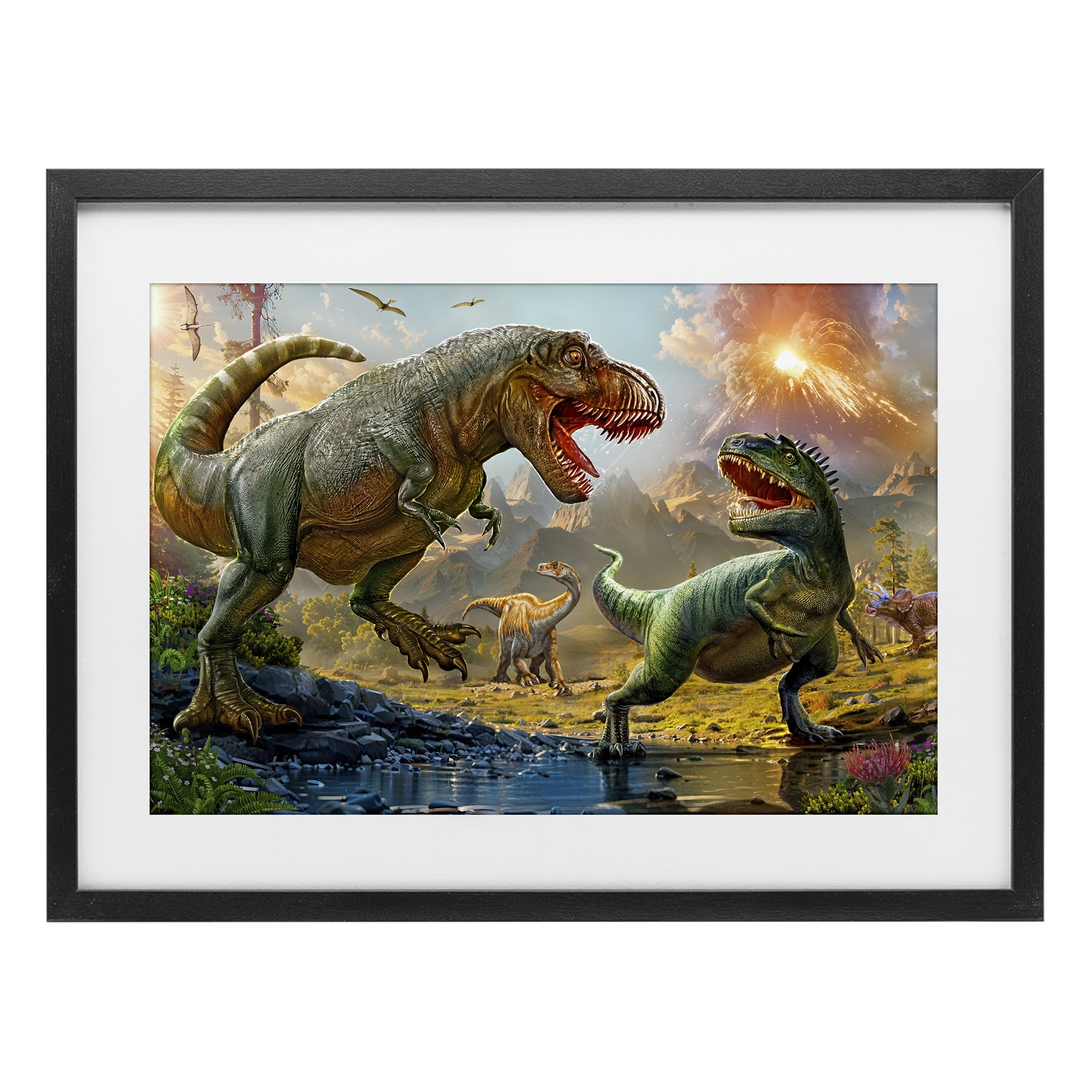 Stupell Industries T-Rex Encounter at Riverbank Black Framed Print Under Glass, design by Henriette Chinaglia